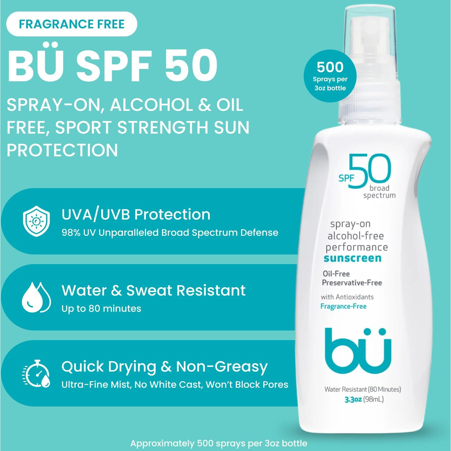 Bu Spf 50 Sunscreen Spray For Face And Body, Non Aerosol Spray, Fragrance Free, Clear, Non Greasy, Water Resistant, Fragrance Free 3.3 Oz
