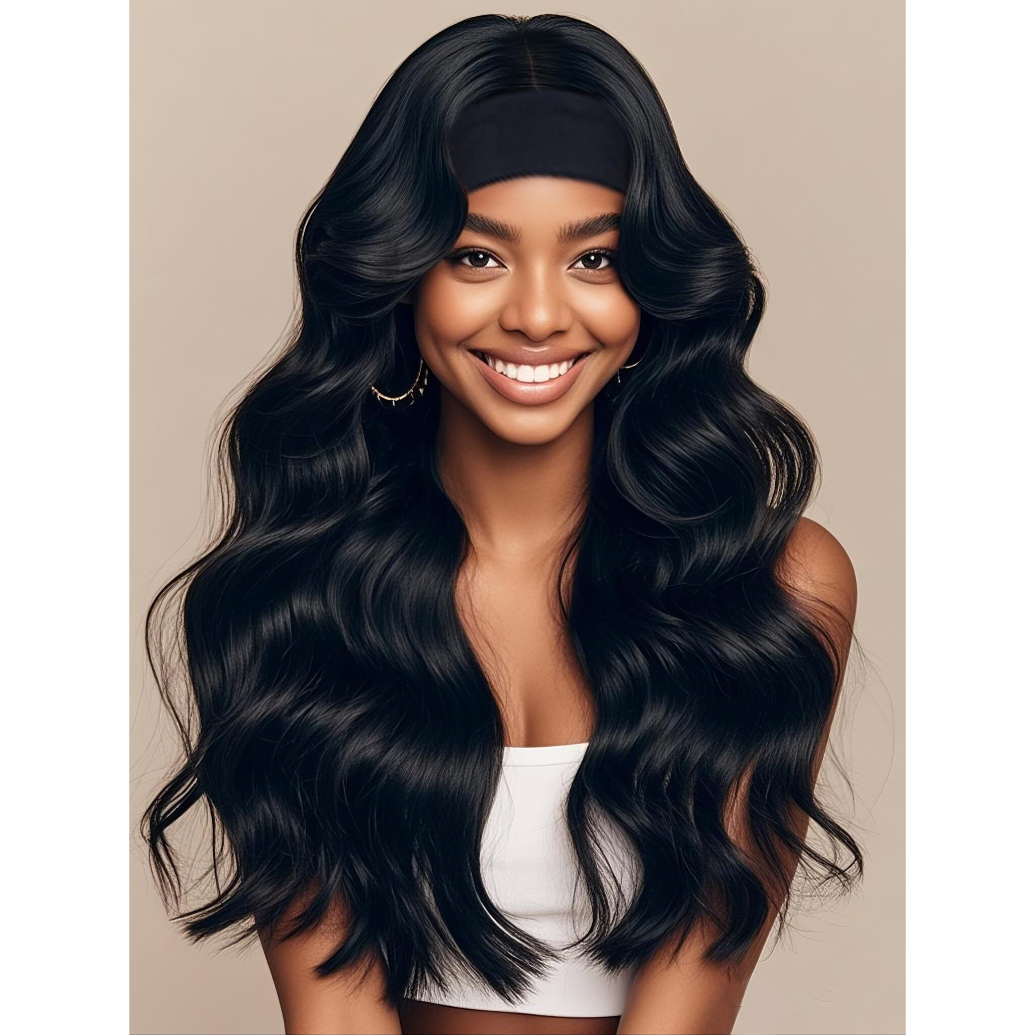 Body Wave Headband Wig Human Hair For Black Women Glueless No Lace Front Brazilian Virgin Human Hair Headband Wigs, 180% Density, Wear And Go Machine-Made Natural Look (26In)