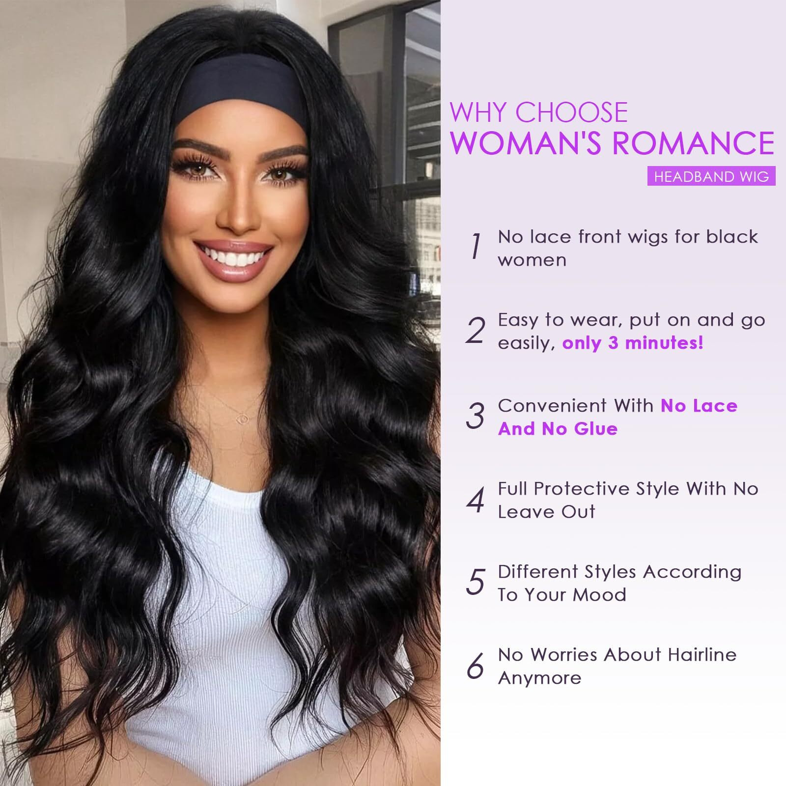 Body Wave Headband Wig Human Hair For Black Women Glueless No Lace Front Brazilian Virgin Human Hair Headband Wigs, 180% Density, Wear And Go Machine-Made Natural Look (26In)