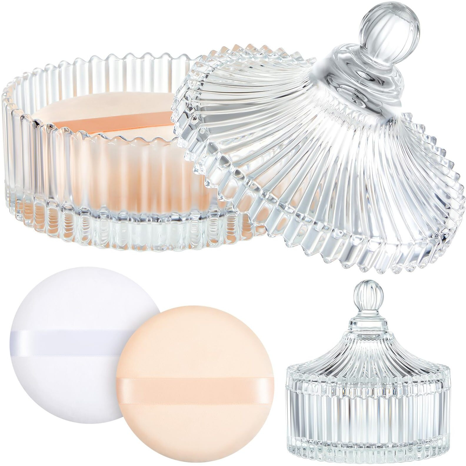 Tioncy 3 Pcs Extra Large Body Powder Puff And Container 5.43'' Glass Body Container With 5.12'' Powder Puff Glass Jar For Women's Talcum(Clear)