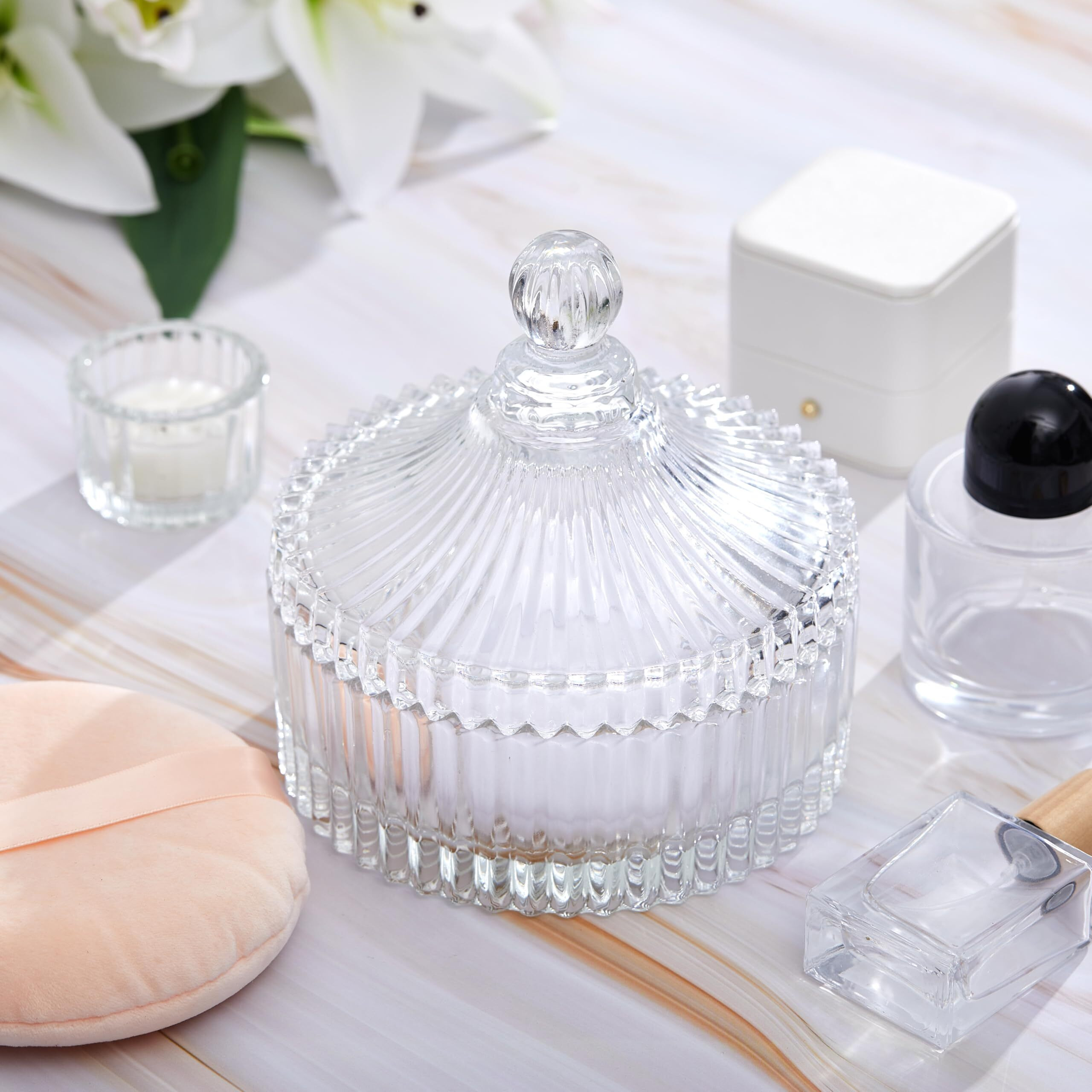 Tioncy 3 Pcs Extra Large Body Powder Puff And Container 5.43'' Glass Body Container With 5.12'' Powder Puff Glass Jar For Women's Talcum(Clear)