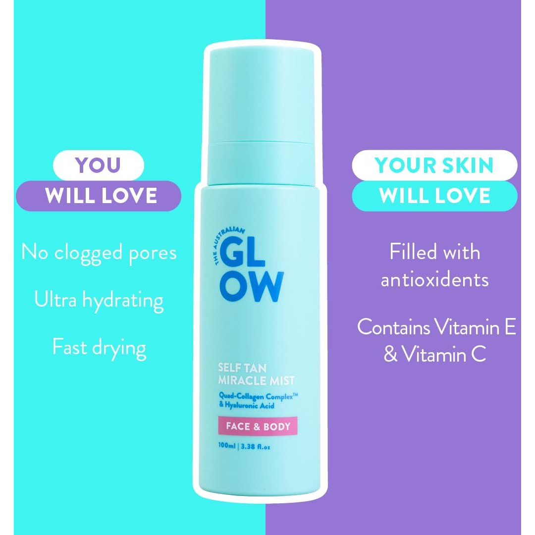 Australian Glow Miracle Mist, Self Tanner For Face & Body W/Quad-Collagen Complex & Hyaluronic Acid, 3.38 Fl. Oz / 100Ml
