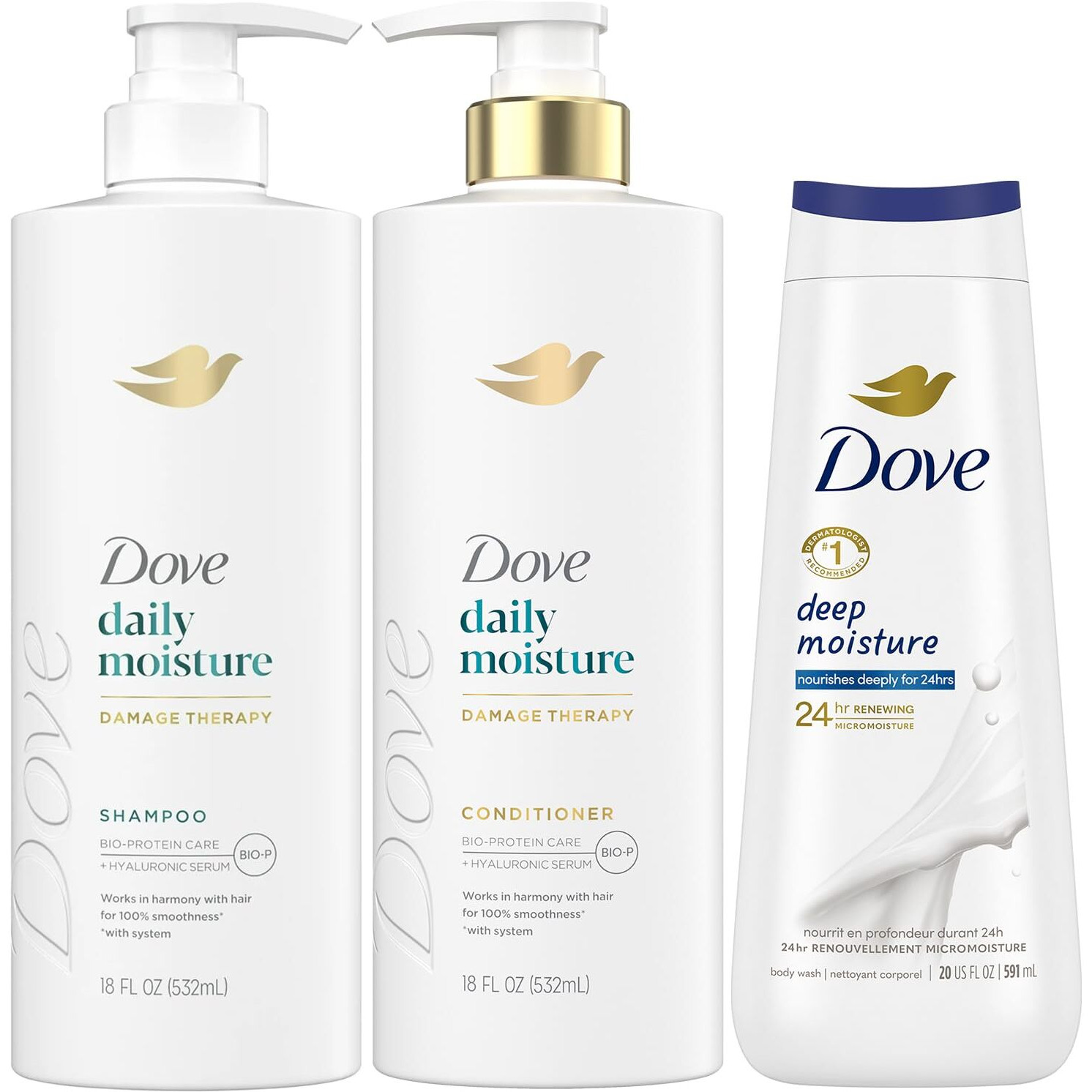 Dove Daily Moisture Shampoo & Conditioner Set With Deep Moisture Body Wash - Deep Hydration For Revitalizing Dry Hair And Skin (3-Piece Set)