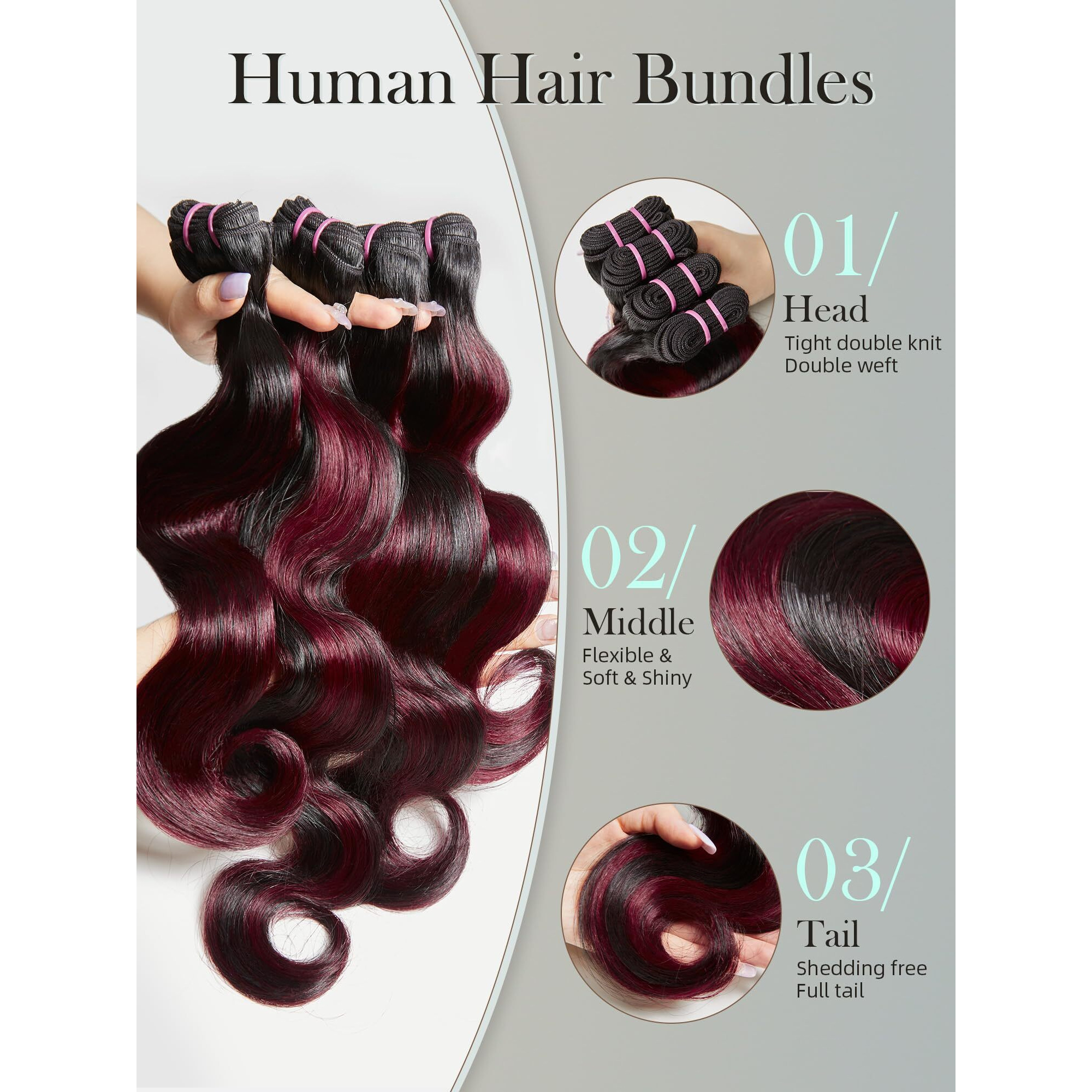 Human Hair Bundles 16 18 20 22 Inch 4 Bundles Hair Extensions Body Wave Balck Dark Burgundy Highlight Bundles Human Hair Brazilian Virgin Unprocessed Wine Red Hair P1B/99J
