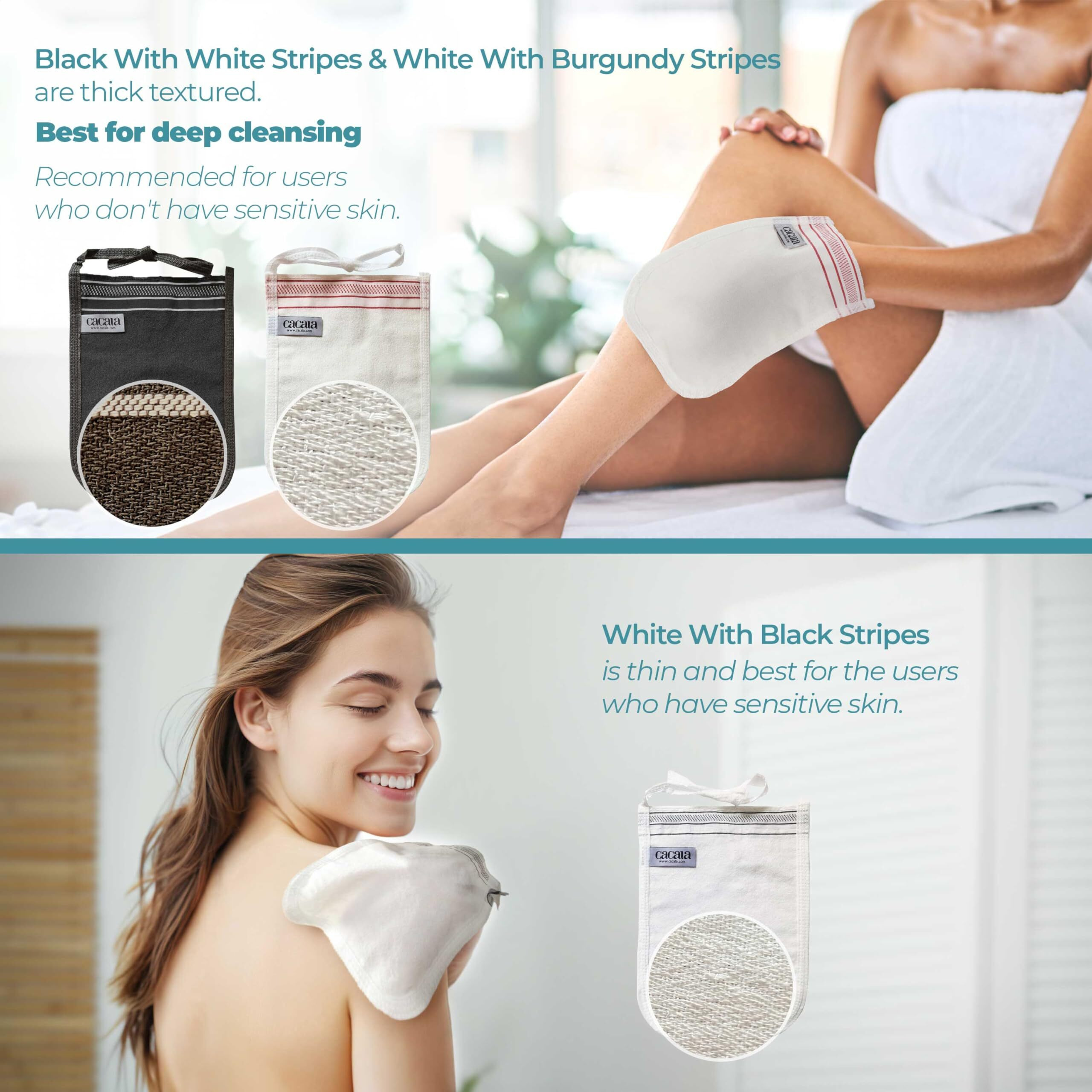 Turkish Exfoliating Gloves - Face & Body Exfoliation Mitts - Bath Hammam Spa Exfoliator Kese Glove - Body Scrub Glove To Remove Dead Skin - Brighten & Soften Skin - 4Pcs (Black & White)