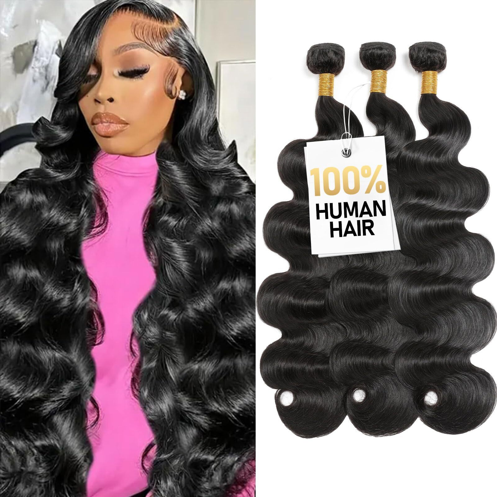 Olsmkis Body Wave Bundles Human Hair 24 26 28 Inch 3 Bundles Human Hair 300G 100% Unprocessed Brazilian Virgin Raw Hair Extensions Natural Black Weave Real Human Hair Bundles For Women