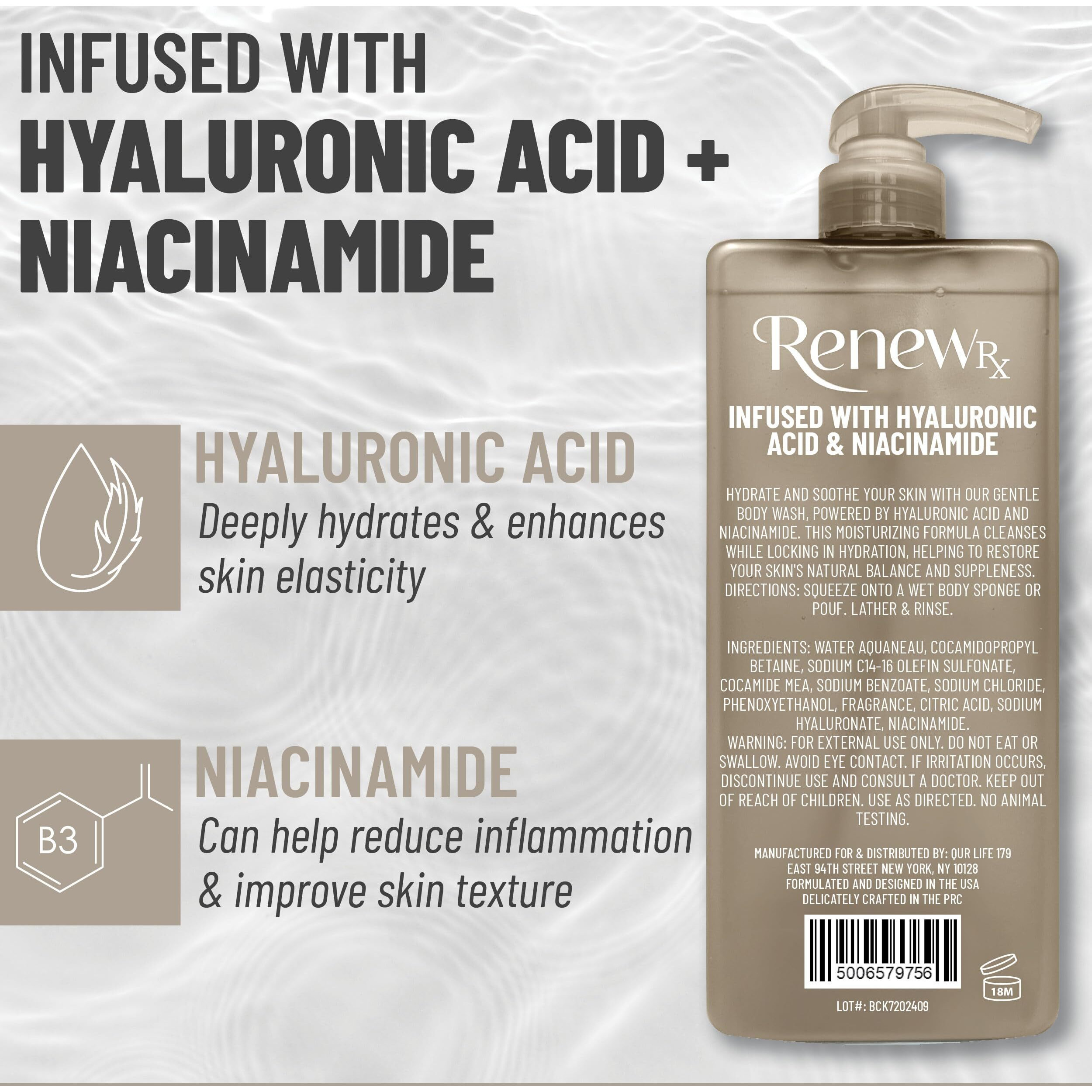 Renew Rx Hyaluronic Acid + Niacinamide Body Wash - Hydrating Skin Care Cleanser For Brightening & Skin Perfecting, Vegan Skincare, 32 Fl Oz