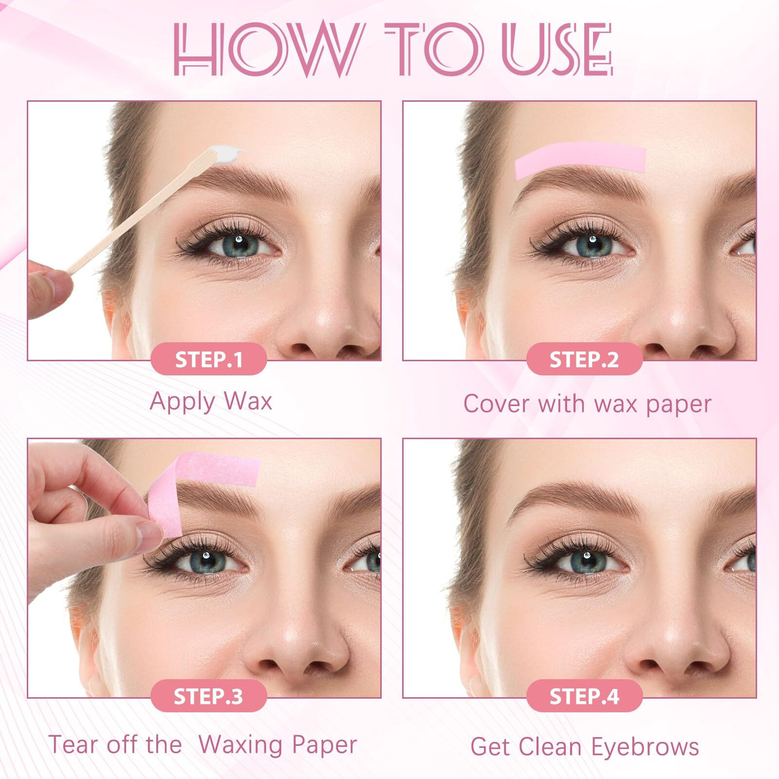 Leelosp 600 Pcs Waxing Kit Includes 400 Wax Paper Cloth Eyebrow Strips And 200 Wooden Smooth Applicator Sticks For Body Skin Hair Removal(Pink)