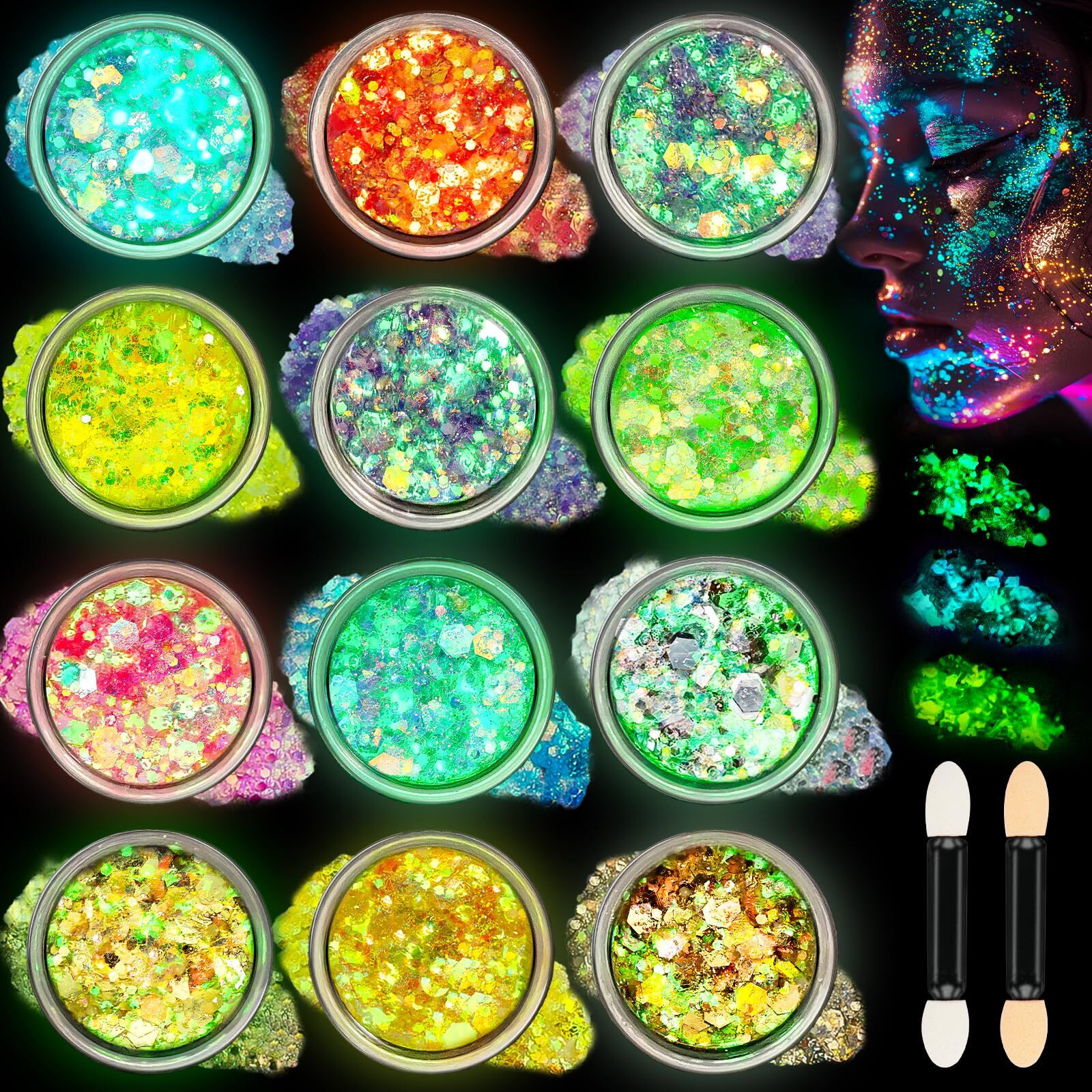 Comdian 12 Colors Makeup Body Glitter Gel And Face Glitter Gel, Glow In The Dark For Hair And Eyeshadow, Uv Black Light For Raves Festivals, Makeup For Women And Kids