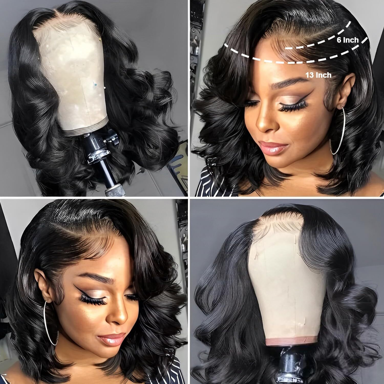 13X6 18Inch 230%Density Natural Black Bob Wig Human Hair, Body Wave Wig Human Hair, Short Bob Lace Front Wigs Human Hair, Bob Wigs For Black Women, Pre Plucked With Baby Hair Hd Transparent Lace