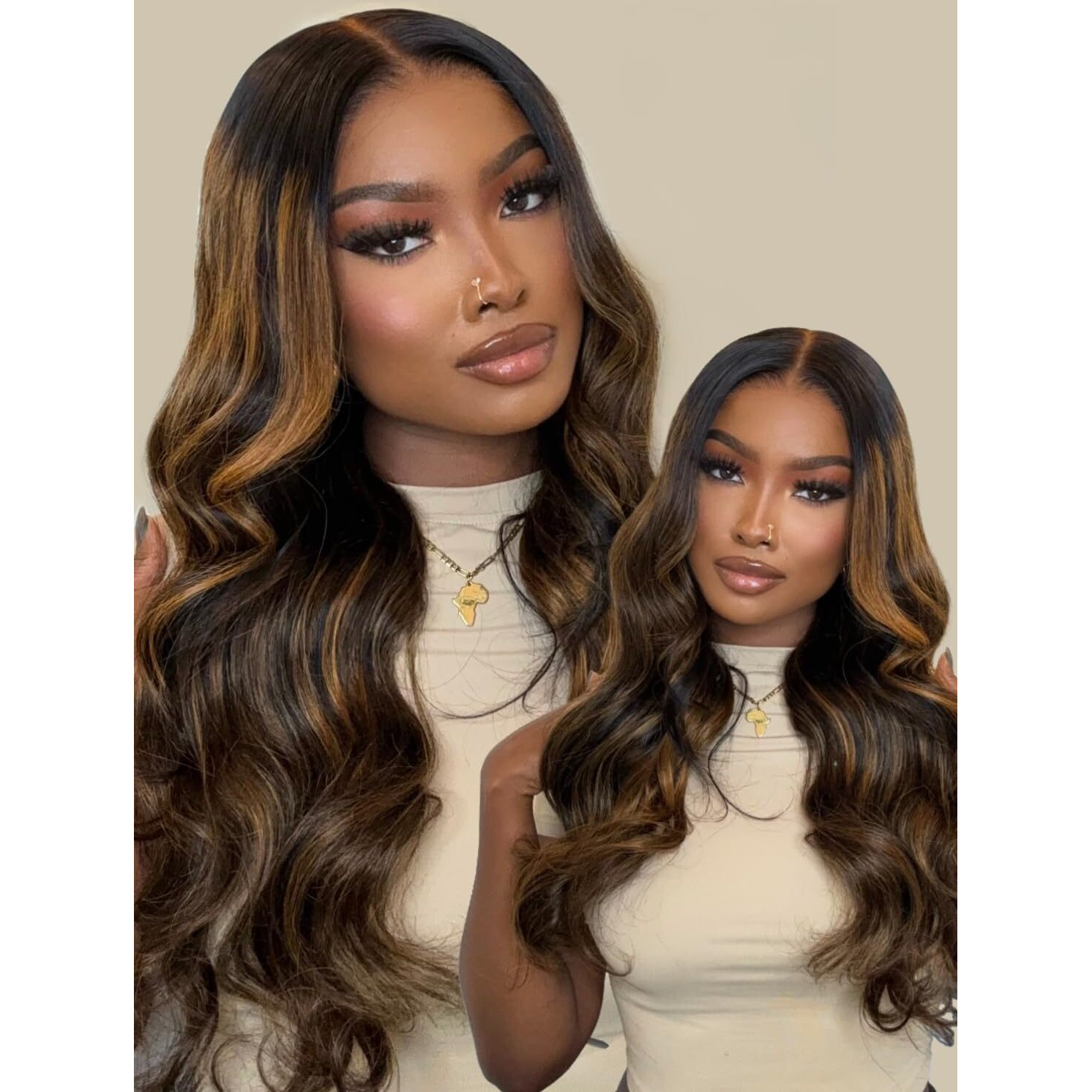 Sunber Ombre Highlight Brown Body Wave Human Hair Glueless Balayage Wigs Pre Cut 7X5 Hd Lace Front With Elastic Drawstring 150% Density Put On And Go Pre Plucked Pre Bleached Invisible Knots 18Inch