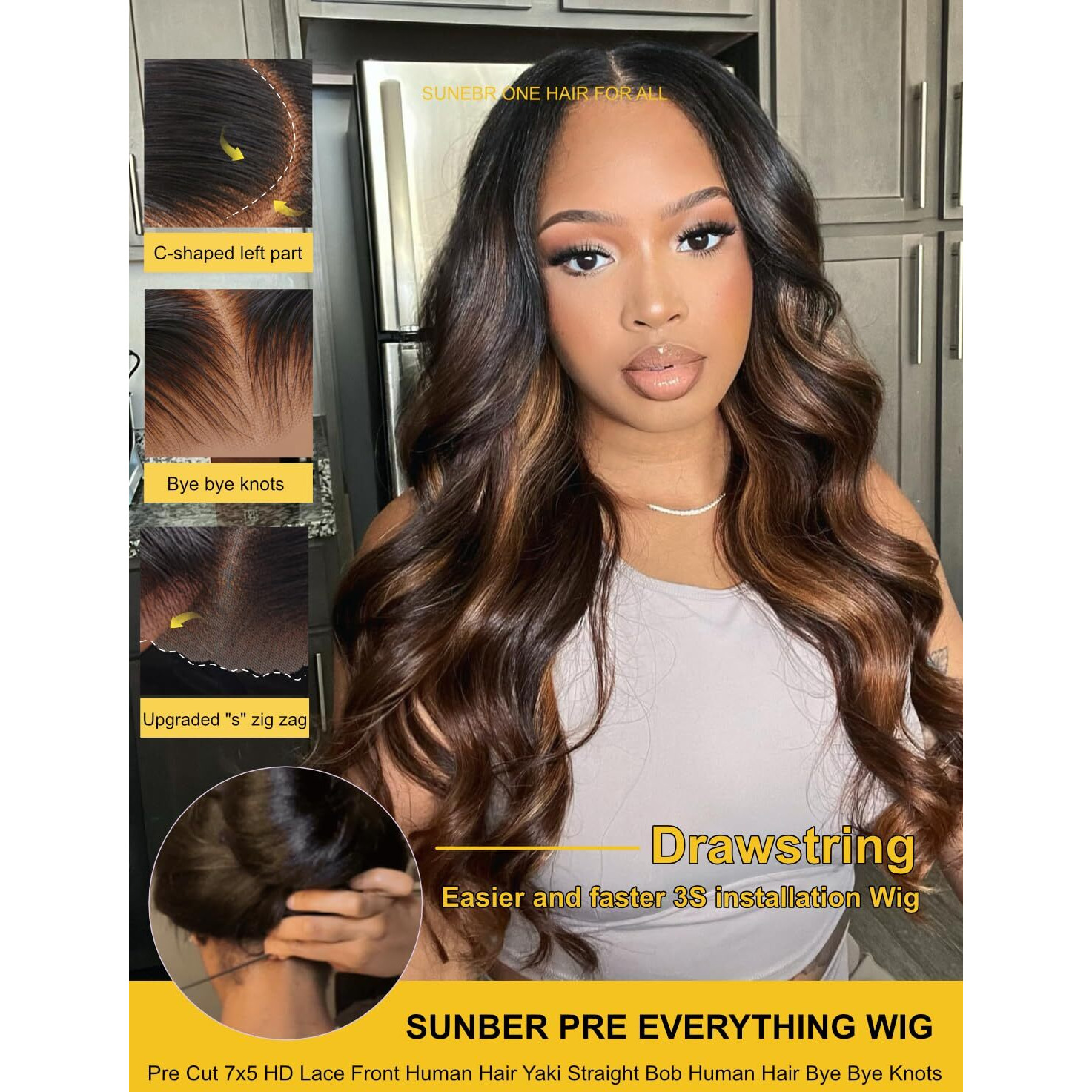 Sunber Ombre Highlight Brown Body Wave Human Hair Glueless Balayage Wigs Pre Cut 7X5 Hd Lace Front With Elastic Drawstring 150% Density Put On And Go Pre Plucked Pre Bleached Invisible Knots 18Inch