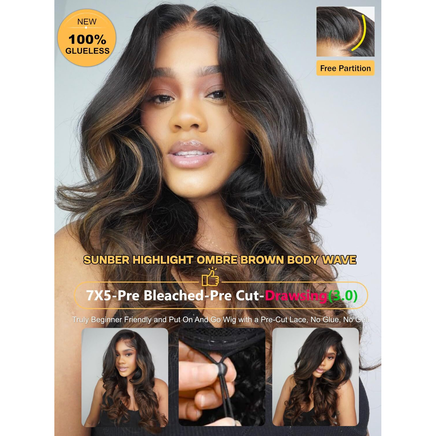 Sunber Ombre Highlight Brown Body Wave Human Hair Glueless Balayage Wigs Pre Cut 7X5 Hd Lace Front With Elastic Drawstring 150% Density Put On And Go Pre Plucked Pre Bleached Invisible Knots 18Inch
