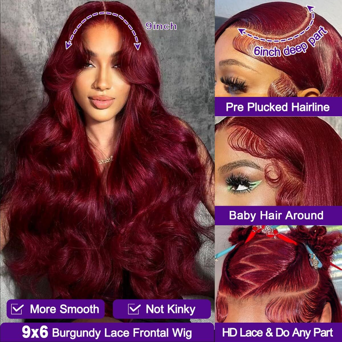 9X6 Wear And Go Glueless Wigs Human Hair Body Wave 200% Density Hd Lace Front Wigs Human Hair Cherry Red Colored Brazilian Pre Plucked Pre Cut 99J Burgundy Ready To Wear Glueless Wigs (20 Inch)