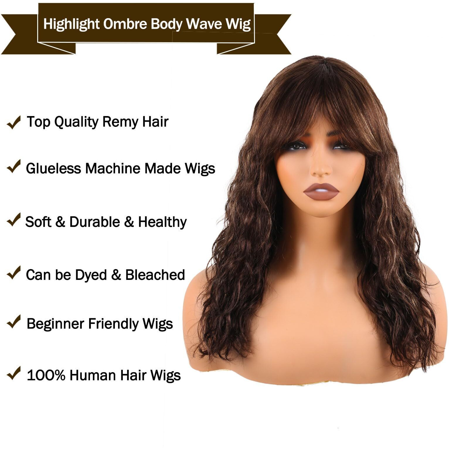 Manemajesty Body Wave Wigs With Bangs Human Hair Wig For Women Ombre None Lace Wear And Go Glueless Wig Highlight Balayage Machine Made Brazilian Human Hair Wigs(18 Inch,Fs4/27)