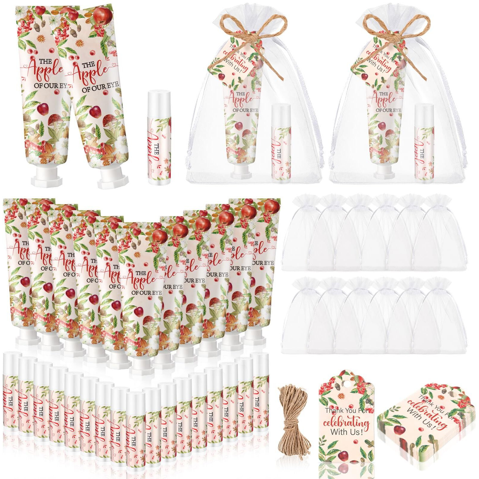 24 Sets Apple Of Our Eye Theme Baby Shower Hand Cream And Lip Balm Gift Fall Apple Baby Shower Party Favors Travel Size Hand Lotion And Lip Balm Bulk With Organza Bags Tags Party Supplies For Guest