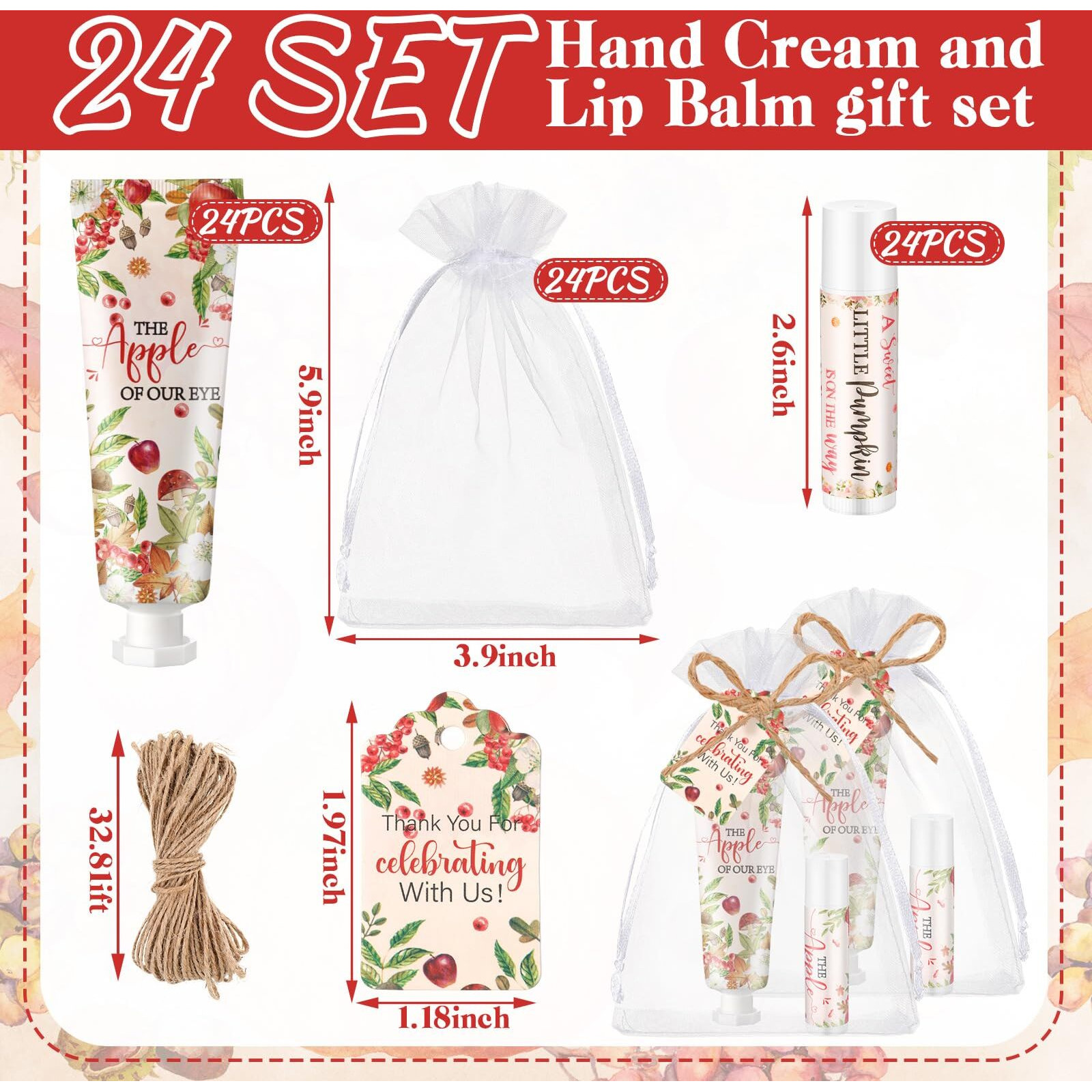24 Sets Apple Of Our Eye Theme Baby Shower Hand Cream And Lip Balm Gift Fall Apple Baby Shower Party Favors Travel Size Hand Lotion And Lip Balm Bulk With Organza Bags Tags Party Supplies For Guest