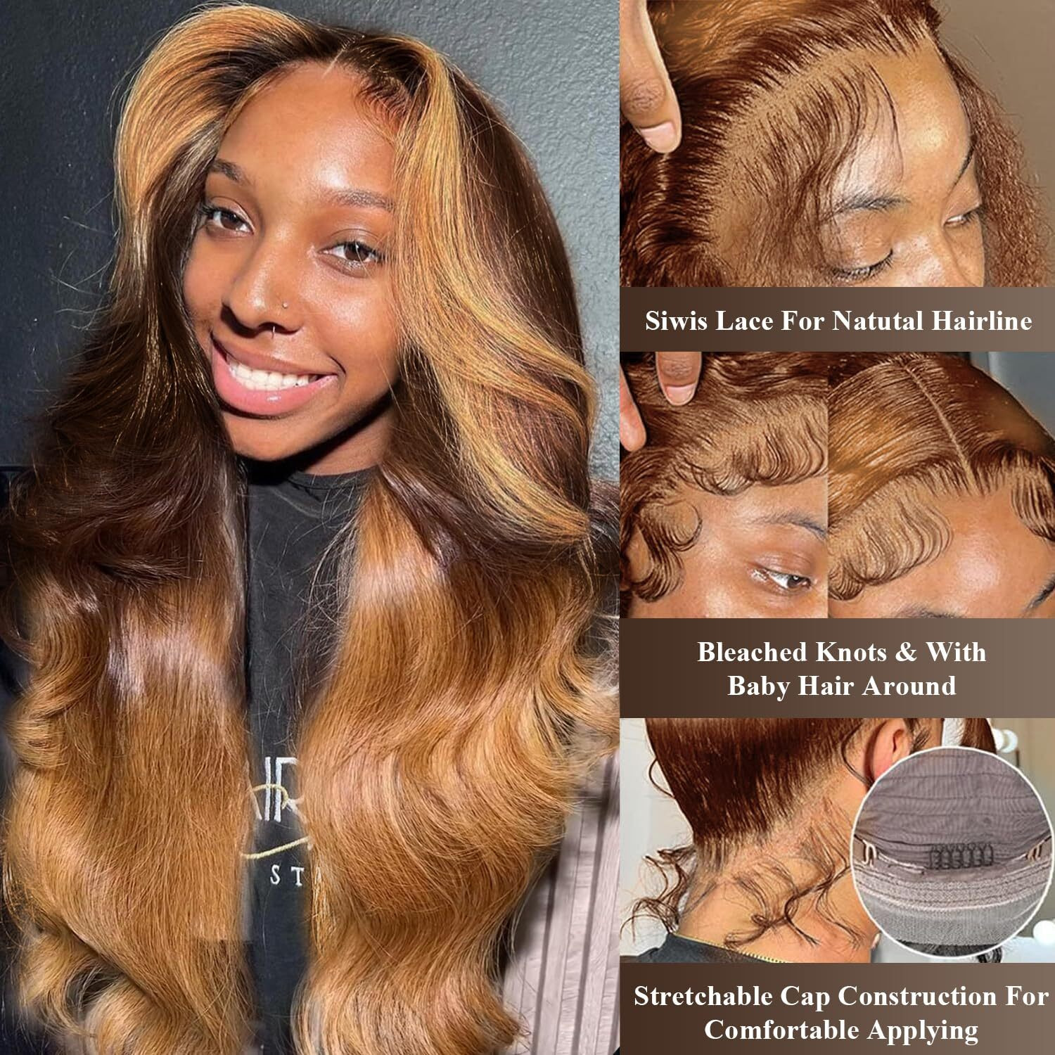 13X6 Honey Blonde Wig Human Hair Pre Plucked With Baby Hair 250% Density 13X6 Hd Transparent Body Wave Lace Front Wigs Human Hair 4/27 Colored Ombre Lace Front Wig Human Hair Brazilain Virgin 30Inch
