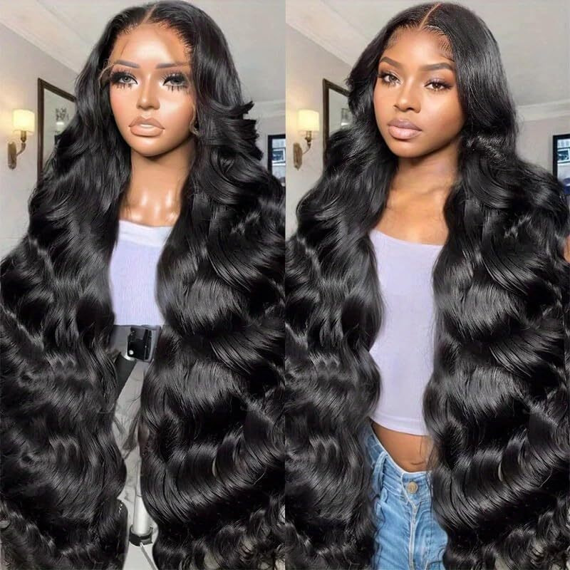 Pinkeagle 34 Inch 13X6 Lace Front Wigs Human Hair 200% Density Body Wave Hd Lace Front Wigs Human Hair Pre Plucked Glueless 13X6 Full Frontal Wig For Women Natural Black