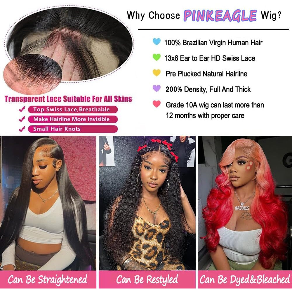 Pinkeagle 34 Inch 13X6 Lace Front Wigs Human Hair 200% Density Body Wave Hd Lace Front Wigs Human Hair Pre Plucked Glueless 13X6 Full Frontal Wig For Women Natural Black