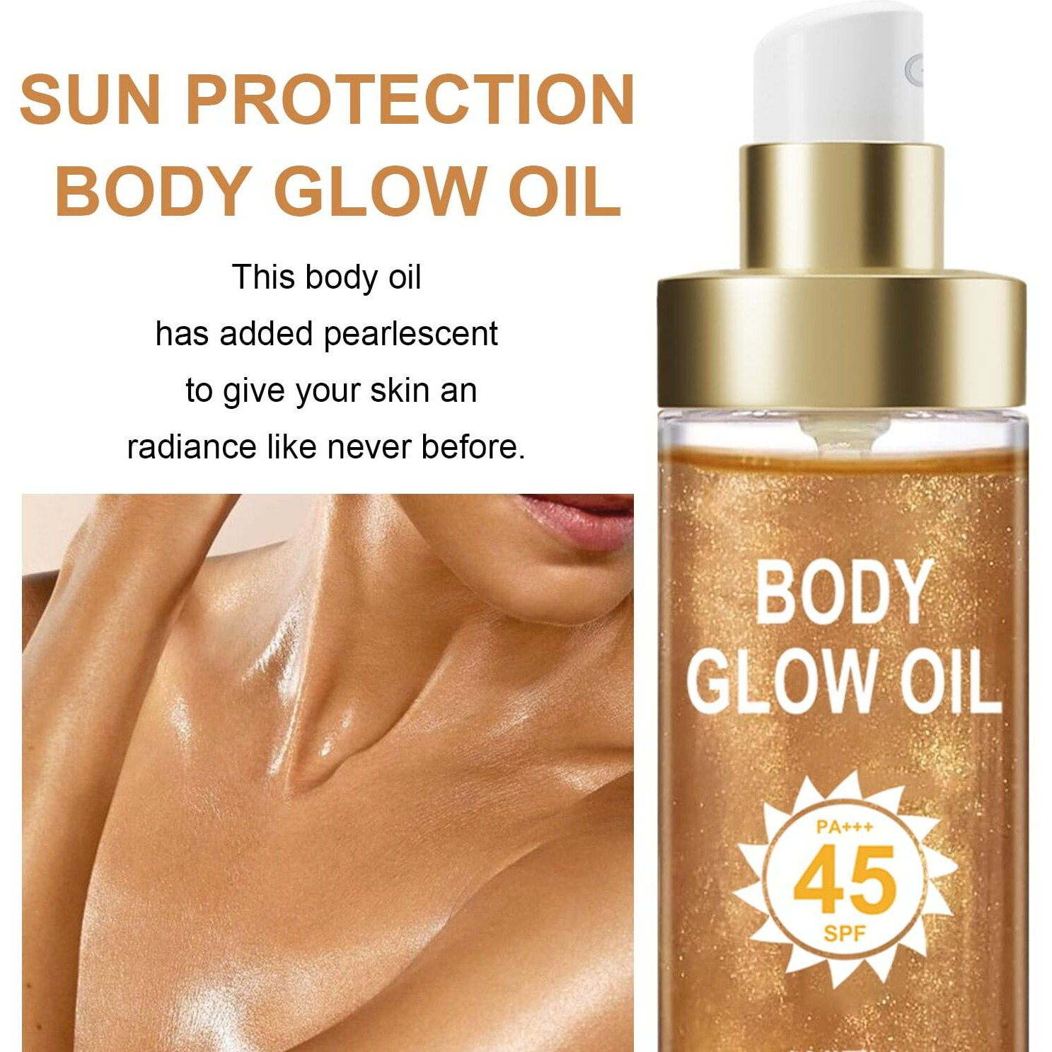 Body Glow Oil, Sunscreen Shimmer Oil, Spf 45 Broad Spectrum, Body Oil With With Coconut Oils, Moisturizing Glow For Face & Body, Liquid Illuminator Highlighter, Water Resistant, 3.72 Fl Oz (3 Amber)