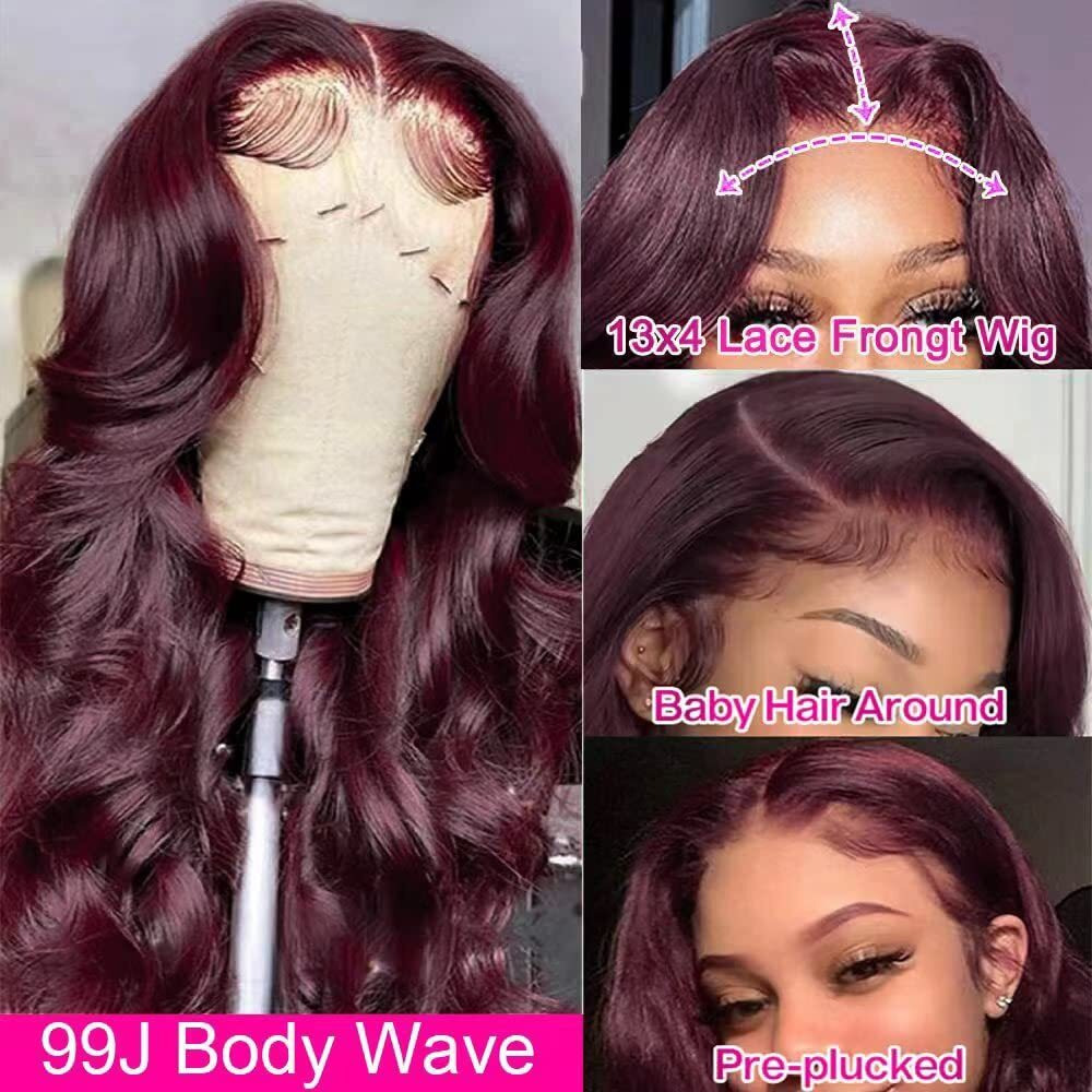 Hengrose Burgundy Body Wave Lace Front Wigs Human Hair 180% Density Wine Red Color Wigs For Women Free Part 13X4 Hd Transparent Lace Front Glueless Wigs Pre Plucked With Baby Hair (22Inch)