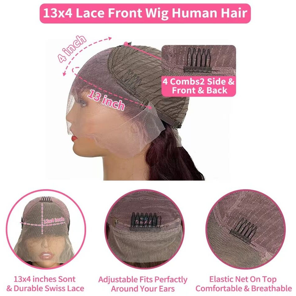 Hengrose Burgundy Body Wave Lace Front Wigs Human Hair 180% Density Wine Red Color Wigs For Women Free Part 13X4 Hd Transparent Lace Front Glueless Wigs Pre Plucked With Baby Hair (22Inch)