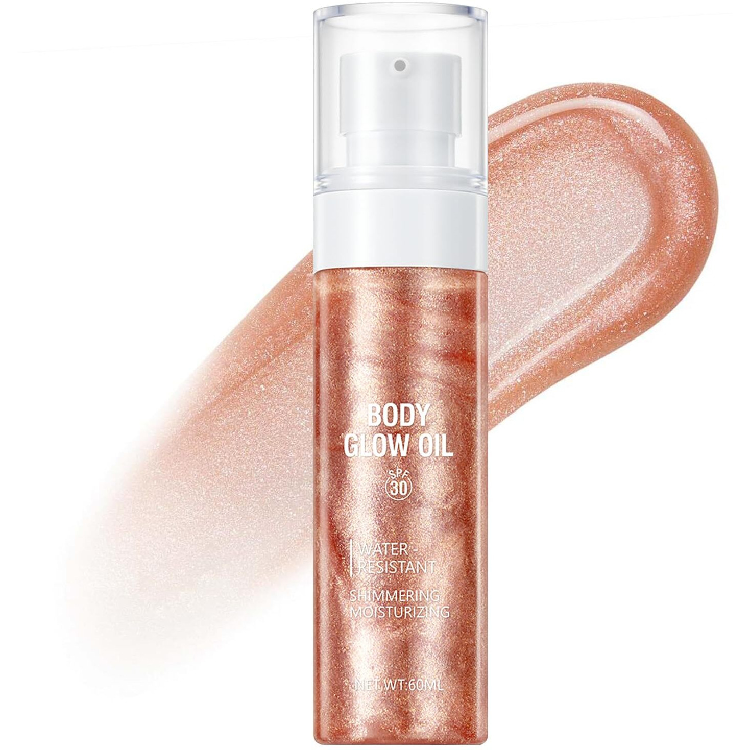 Rose Gold Body Glow Oil With Spf 30 Broad Spectrum, Lightweight Sunscreen Long Lasting Shimmer Body Lotion For All Skin Types, Moisturizer Mineral Oil, Absorbs Quickly, 2 Oz
