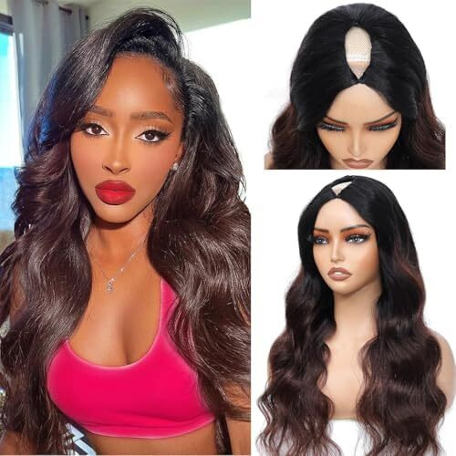Nzinzi Ombre V Part Wig Human Hair Body Wave Brown Wig Upgrade U Part Human Hair Wig With Clips Glueless Wigs Human Hair Clip In Half Wigs No Leave Out Highlight Wig Human Hair 180% Density 28 Inch