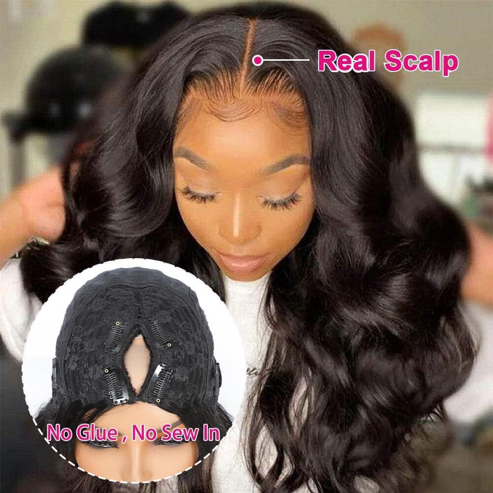 Nzinzi Ombre V Part Wig Human Hair Body Wave Brown Wig Upgrade U Part Human Hair Wig With Clips Glueless Wigs Human Hair Clip In Half Wigs No Leave Out Highlight Wig Human Hair 180% Density 28 Inch