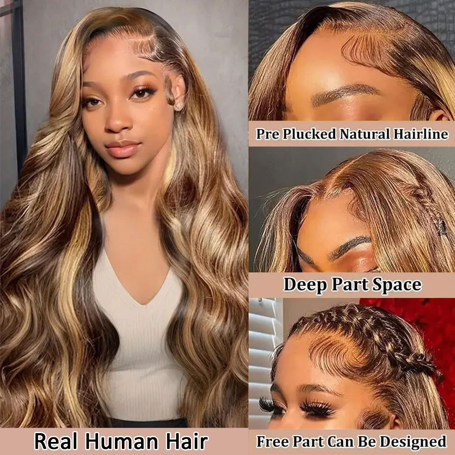 Ombre Lace Front Wig Human Hair Highlight Wig Human Hair 210% Density 4/27 Honey Blonde Body Wave Lace Front Wigs Human Hair Pre Plucked 13X6 Hd Lace Frontal Wig Glueless Wigs For Women 20 Inch