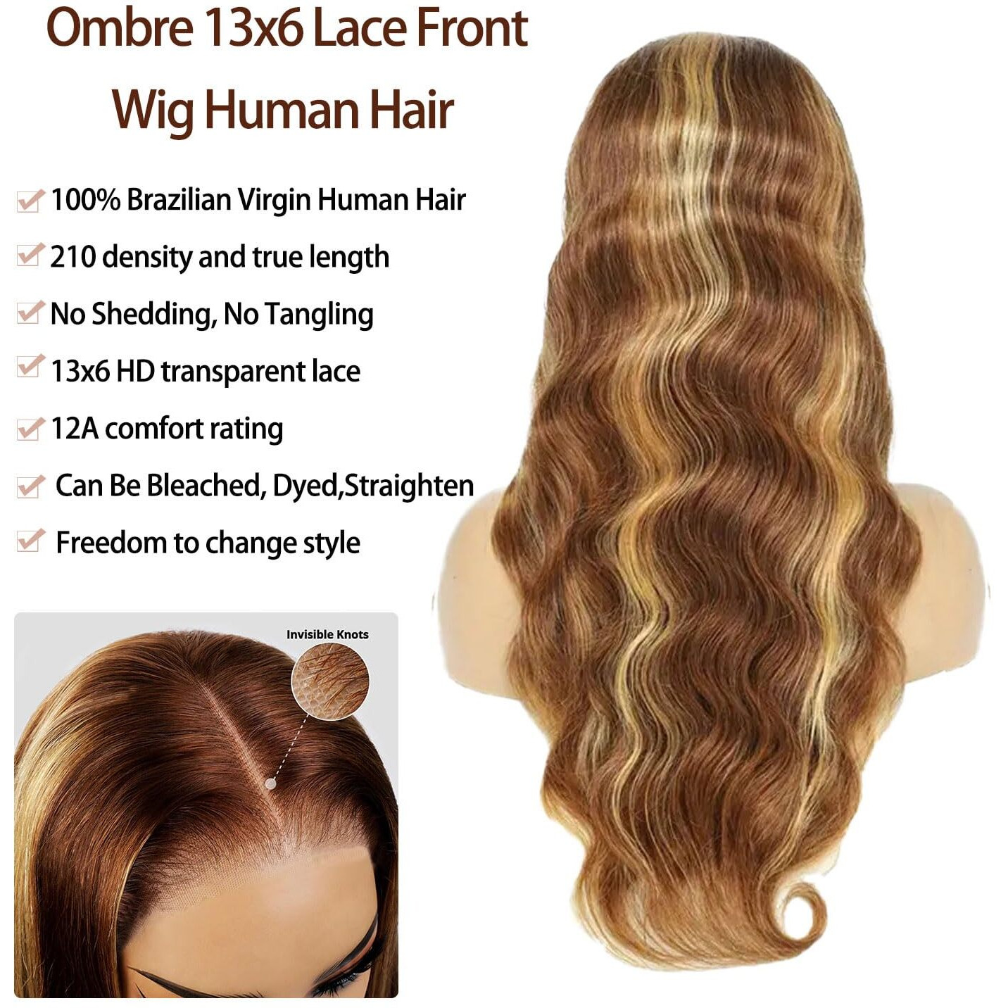 Ombre Lace Front Wig Human Hair Highlight Wig Human Hair 210% Density 4/27 Honey Blonde Body Wave Lace Front Wigs Human Hair Pre Plucked 13X6 Hd Lace Frontal Wig Glueless Wigs For Women 20 Inch