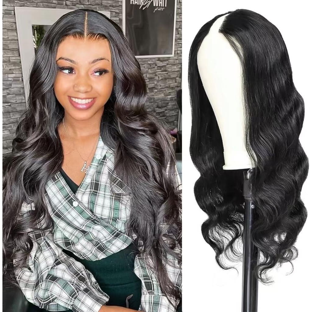 Ragmzze V Part Wig Human Hair Body Wave Upgrade U Part Glueless Wigs Human Hair Pre Plucked Pre Cut For Black Women 180% Density 4X4X1 Inch Middle Net Clip In Half Wig Natural Black 18 Inch