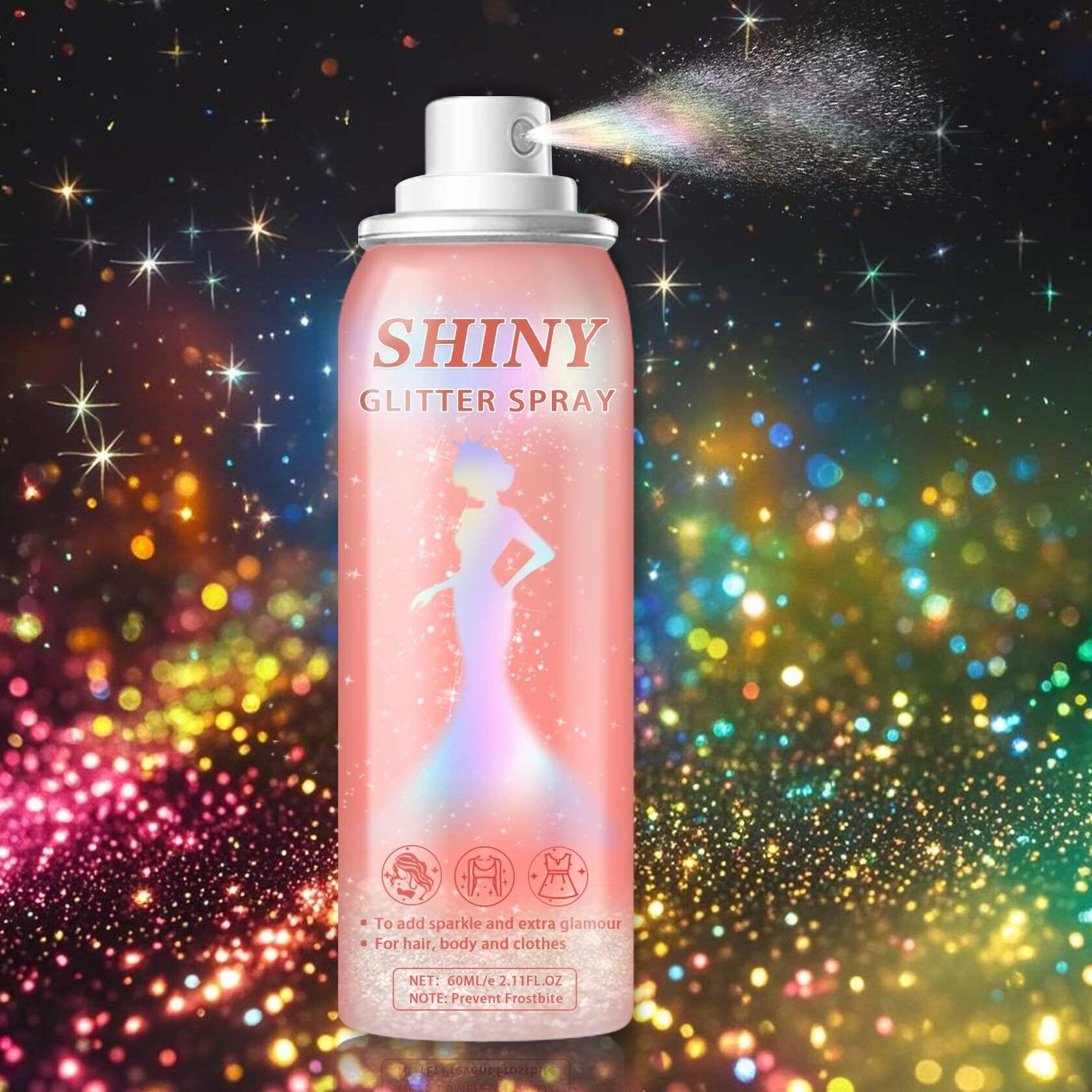Ionsgako Hair And Body Glitter Spray Holographic Shiny Glitter Hair Spray For Clothes Body Hair Glitter Hairspray Long-Lasting Quick-Drying For Festival Prom Rave Accessories 2.11 Fl Oz(Rainy-Rainbow)