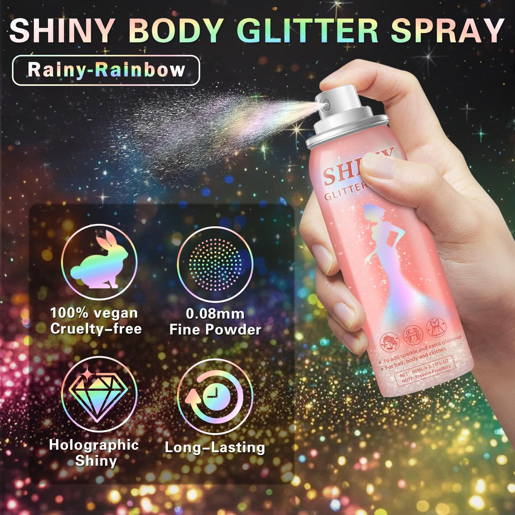 Ionsgako Hair And Body Glitter Spray Holographic Shiny Glitter Hair Spray For Clothes Body Hair Glitter Hairspray Long-Lasting Quick-Drying For Festival Prom Rave Accessories 2.11 Fl Oz(Rainy-Rainbow)