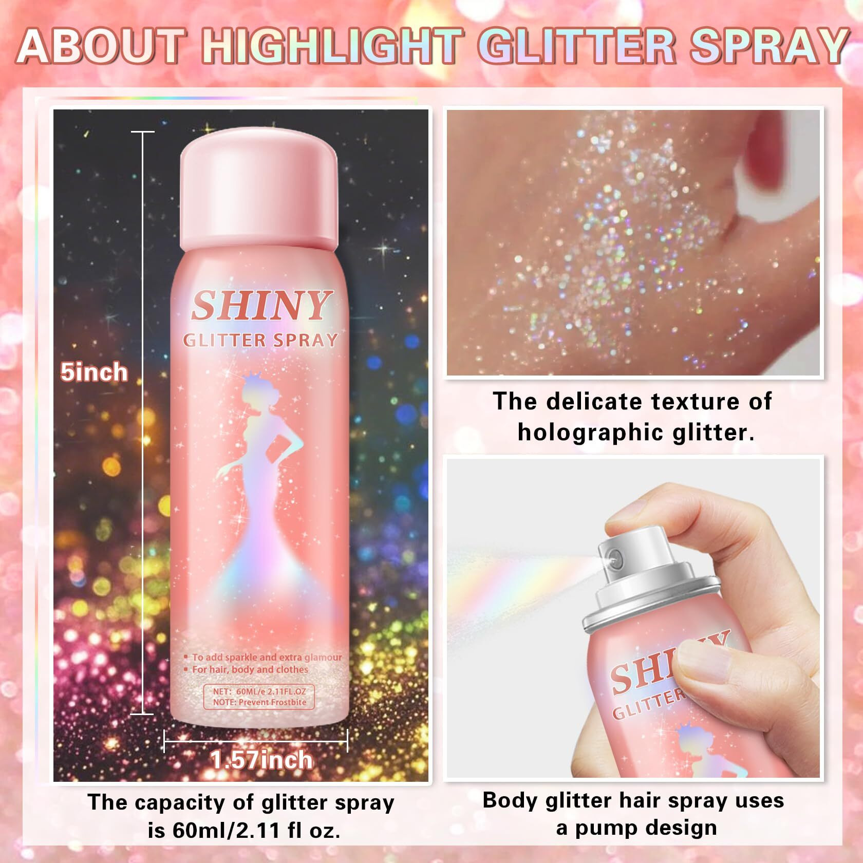 Ionsgako Hair And Body Glitter Spray Holographic Shiny Glitter Hair Spray For Clothes Body Hair Glitter Hairspray Long-Lasting Quick-Drying For Festival Prom Rave Accessories 2.11 Fl Oz(Rainy-Rainbow)