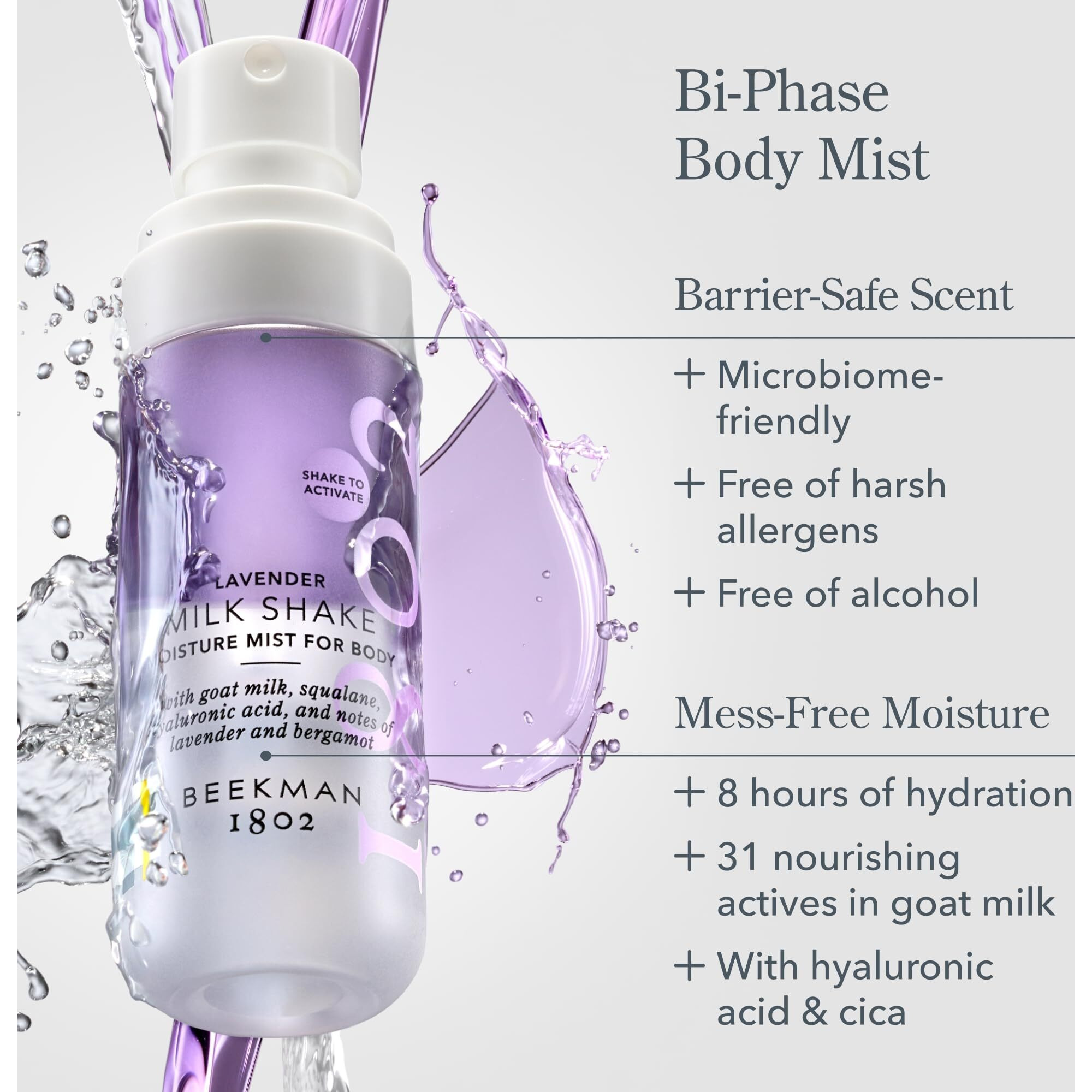 Beekman 1802 Lavender Milk Shake - Body Mist - 4.7 Fl. Oz - With Hyaluronic Acid & Jojoba Oil - Instantly Moisturizes, Hydrates & Softens - Good For Sensitive Skin - Cruelty Free
