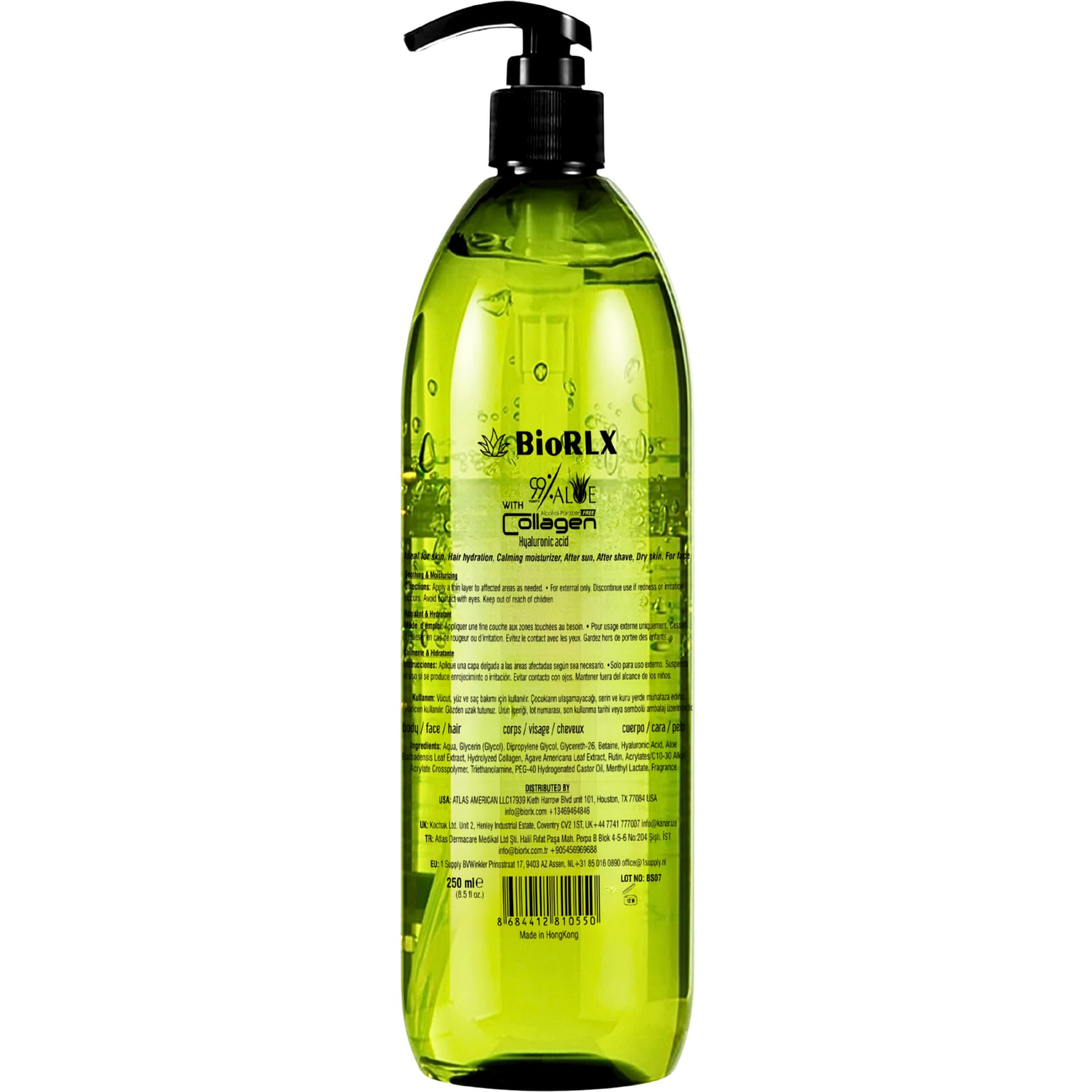 Biorlx 99% Aloe Vera Gel With Collagen And Hyaluronic Acid 250 Ml 8.5 Fl Oz - For Face Body, Hair & Scalp, After Sun Relief, Natural, Soothing, Hydrating