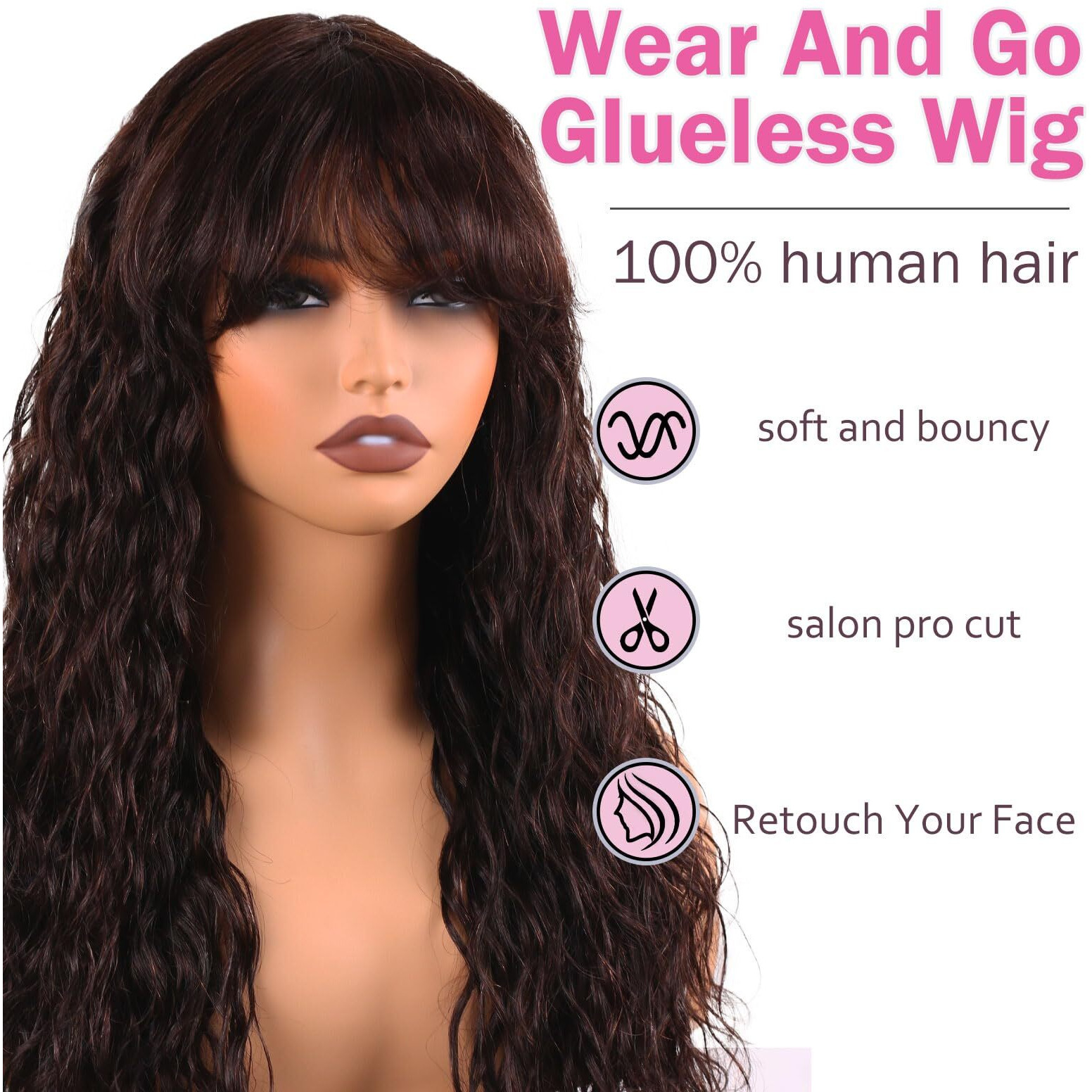 Manemajesty Body Wave Wigs With Bangs Human Hair Wig For Women None Lace Wear And Go Glueless Wet And Wavy Wig Natural Machine Made Brazilian Virgin Human Hair Wigs 24 Inch