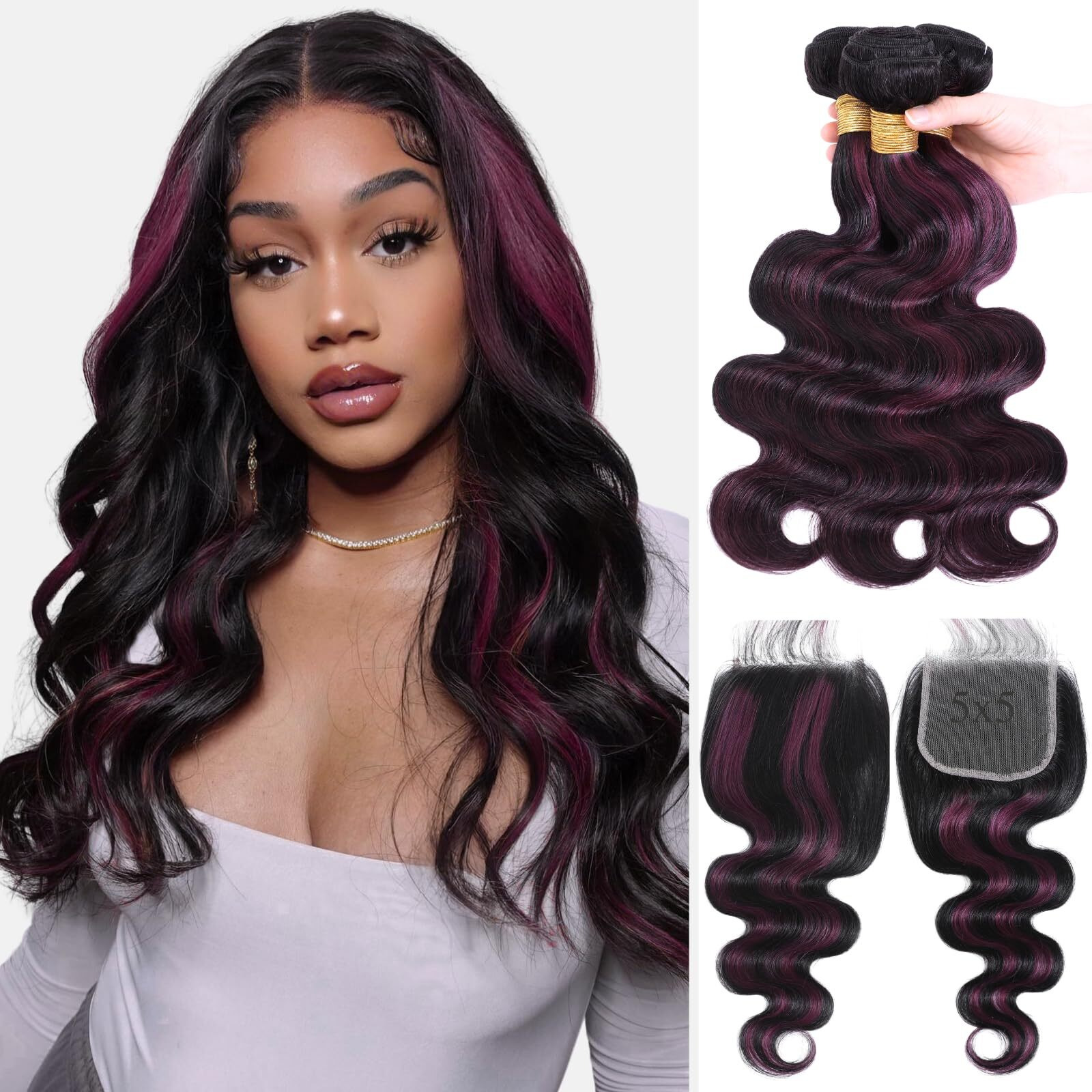 Alher 1B/Purple Highlight Bundles With 5X5 Lace Closure Human Hair 18 20 22+18 Inch, Body Wave Two Tone Black Mix Purple Colored, 12A 100% Human Virgin Hair 3 Bundles With Closure Free Part