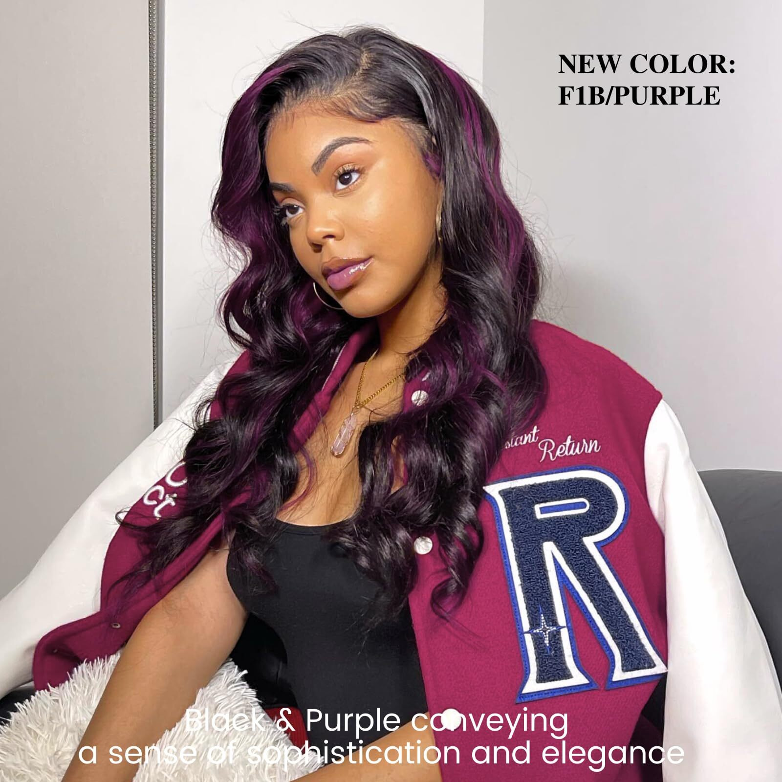 Alher 1B/Purple Highlight Bundles With 5X5 Lace Closure Human Hair 18 20 22+18 Inch, Body Wave Two Tone Black Mix Purple Colored, 12A 100% Human Virgin Hair 3 Bundles With Closure Free Part