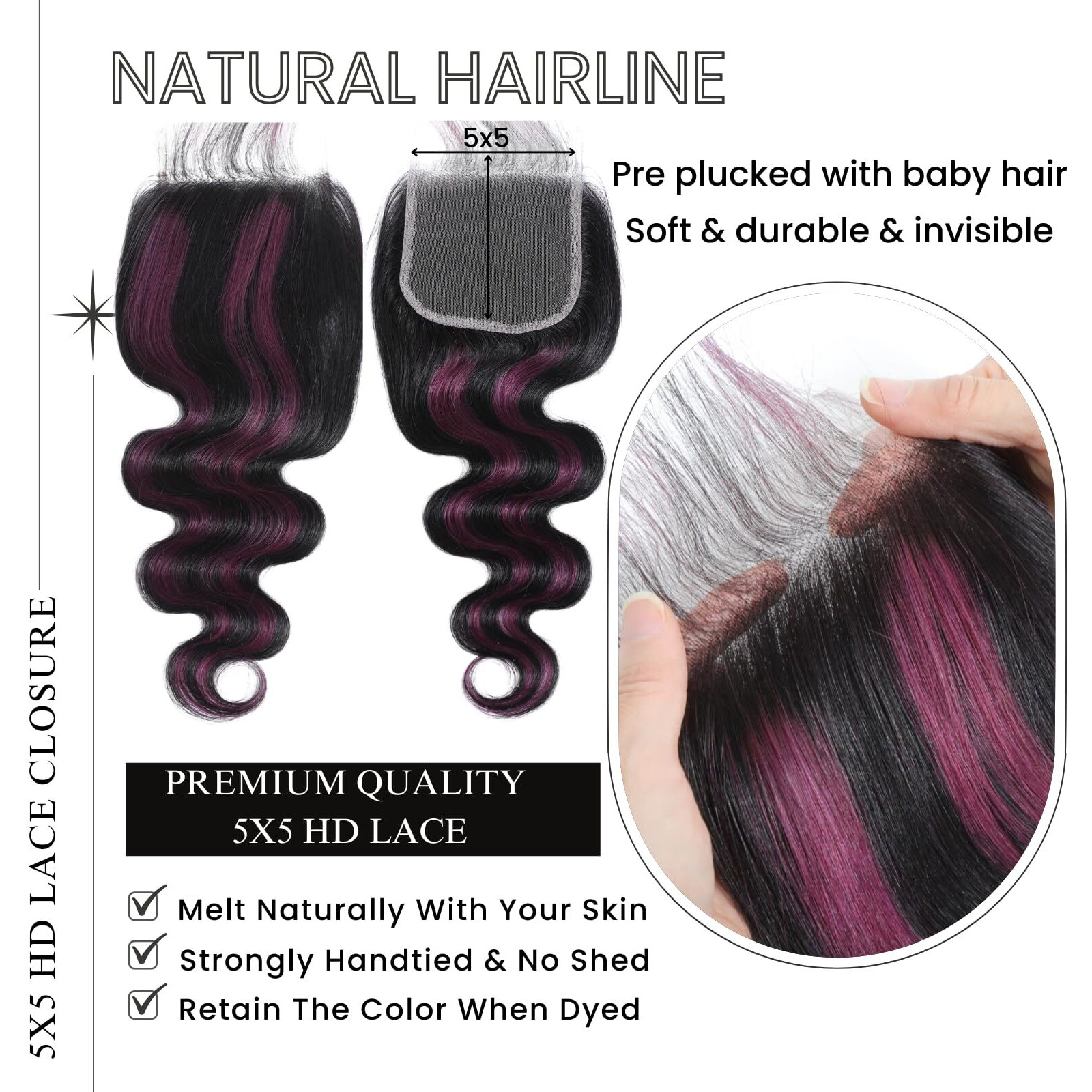 Alher 1B/Purple Highlight Bundles With 5X5 Lace Closure Human Hair 18 20 22+18 Inch, Body Wave Two Tone Black Mix Purple Colored, 12A 100% Human Virgin Hair 3 Bundles With Closure Free Part