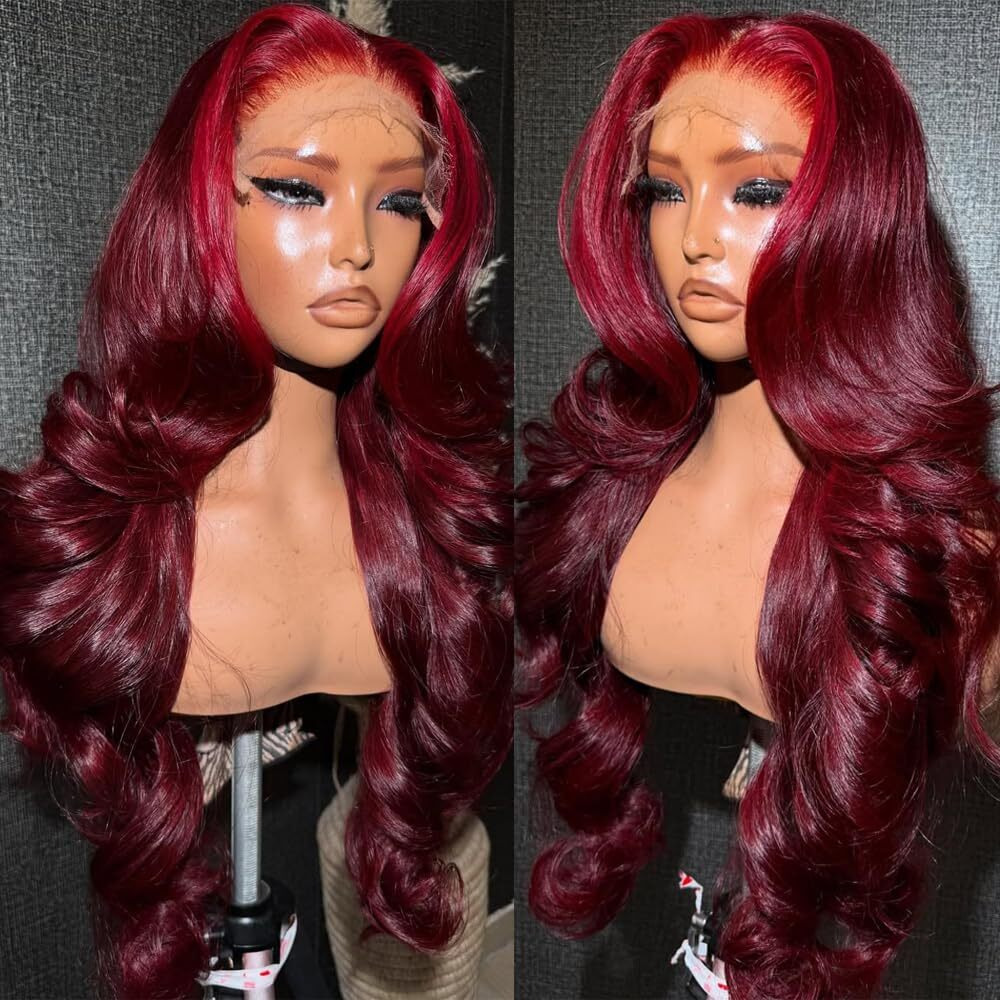 Sisifire Burgundy Body Wave Lace Front Wigs For Women 13 * 4 Inch Heat Resistant Fiber Long Loose Curly Lace Wig With Baby Hair Wine Red Synthetic Glueless Lace Front Wig For Daily Party Use 26 Inch