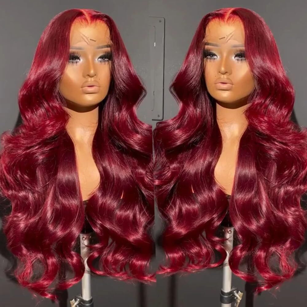 Sisifire Burgundy Body Wave Lace Front Wigs For Women 13 * 4 Inch Heat Resistant Fiber Long Loose Curly Lace Wig With Baby Hair Wine Red Synthetic Glueless Lace Front Wig For Daily Party Use 26 Inch