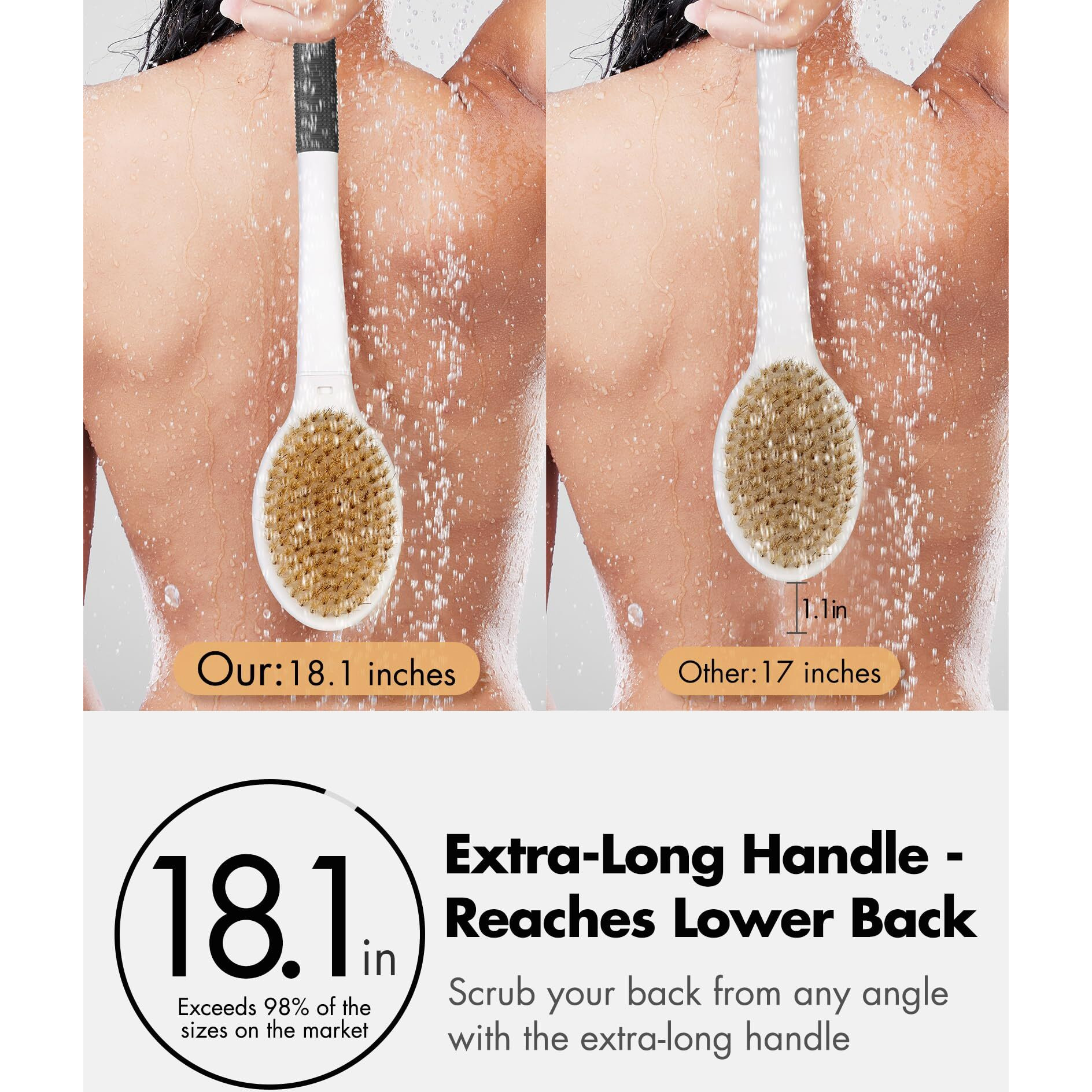 Back Scrubber Anti Slip For Shower 18.1'' Long Handle Bath Brush With Stiff And Soft Bristles Body Exfoliator Wet Or Dry Brushing For Women, Men, Elderly (Charcoal Gray)