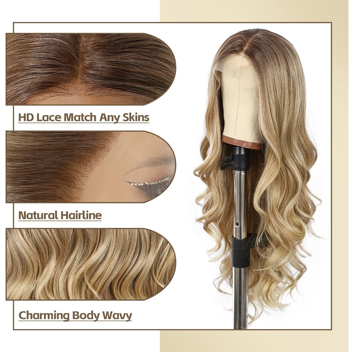 Babehers Blonde Lace Front Wig For Women 13X4 Body Wave Synthetic Wigs Omber Highlight Pre-Plucked Long Wavy 150% Density Natural Heat Resistant Hair Daily Party Use 26 Inch