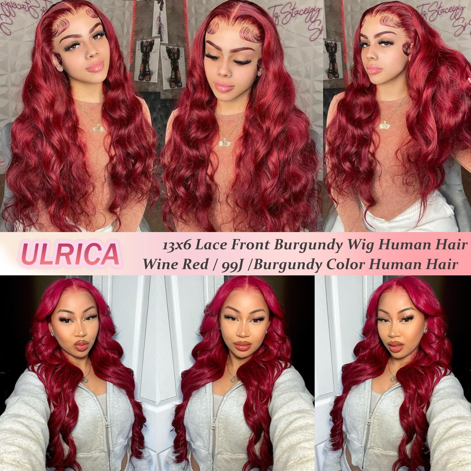 Ulrica 99J Burgundy Lace Front Wigs Human Hair Wine Pre Plucked Red Burgundy Wig Human Hair 250% Density 13X6 Hd Body Wave Lace Front Wigs For Women Natural Hairline 20 Inch