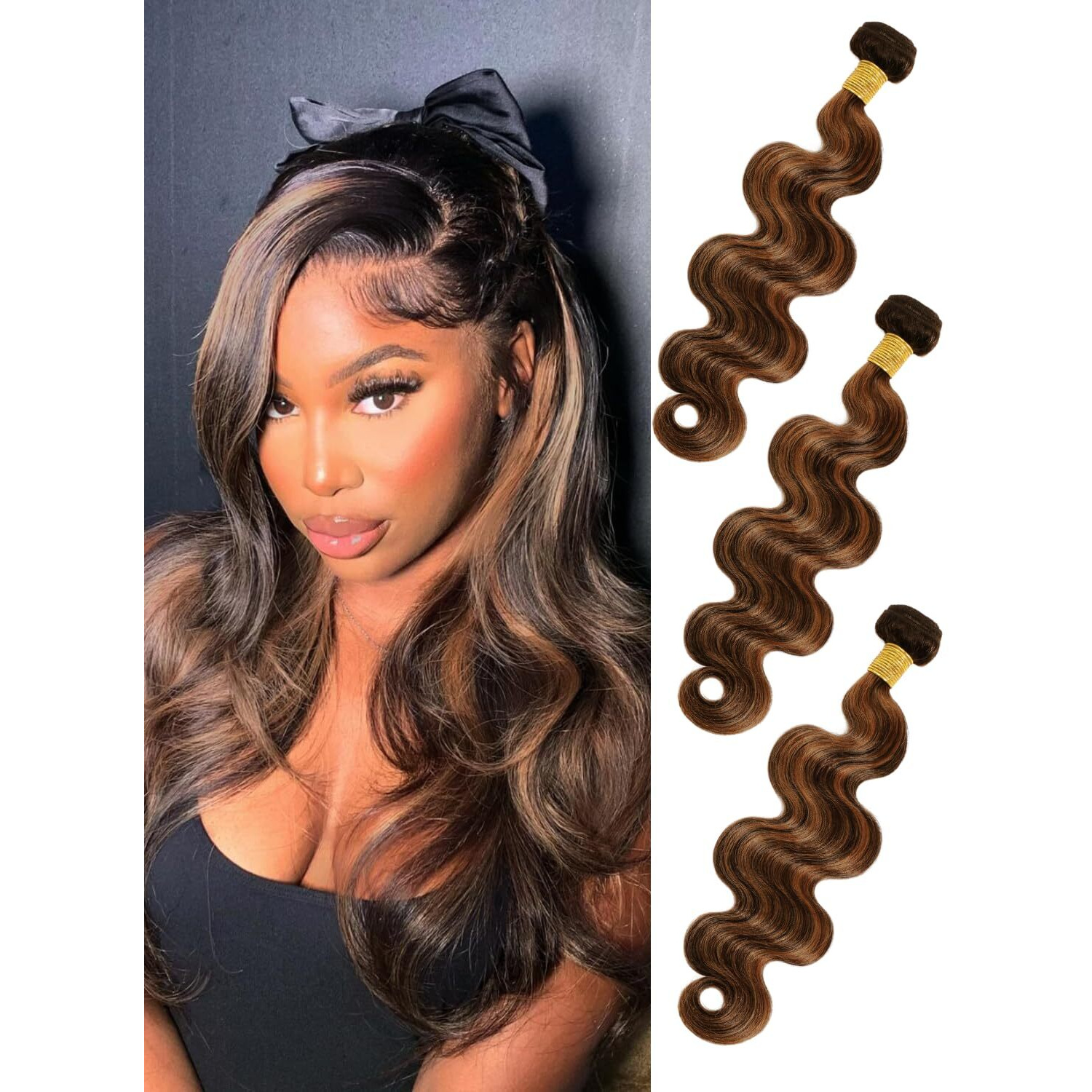 Anmetan Highlight F1B/30 Bundles Human Hair Body Wave 22/24/26 Inch, 12A Thick Ombre Black With Brown Colored Wavy Weave 100% Unprocessed Brazilian Remy Hair 3 Bundles Sew In