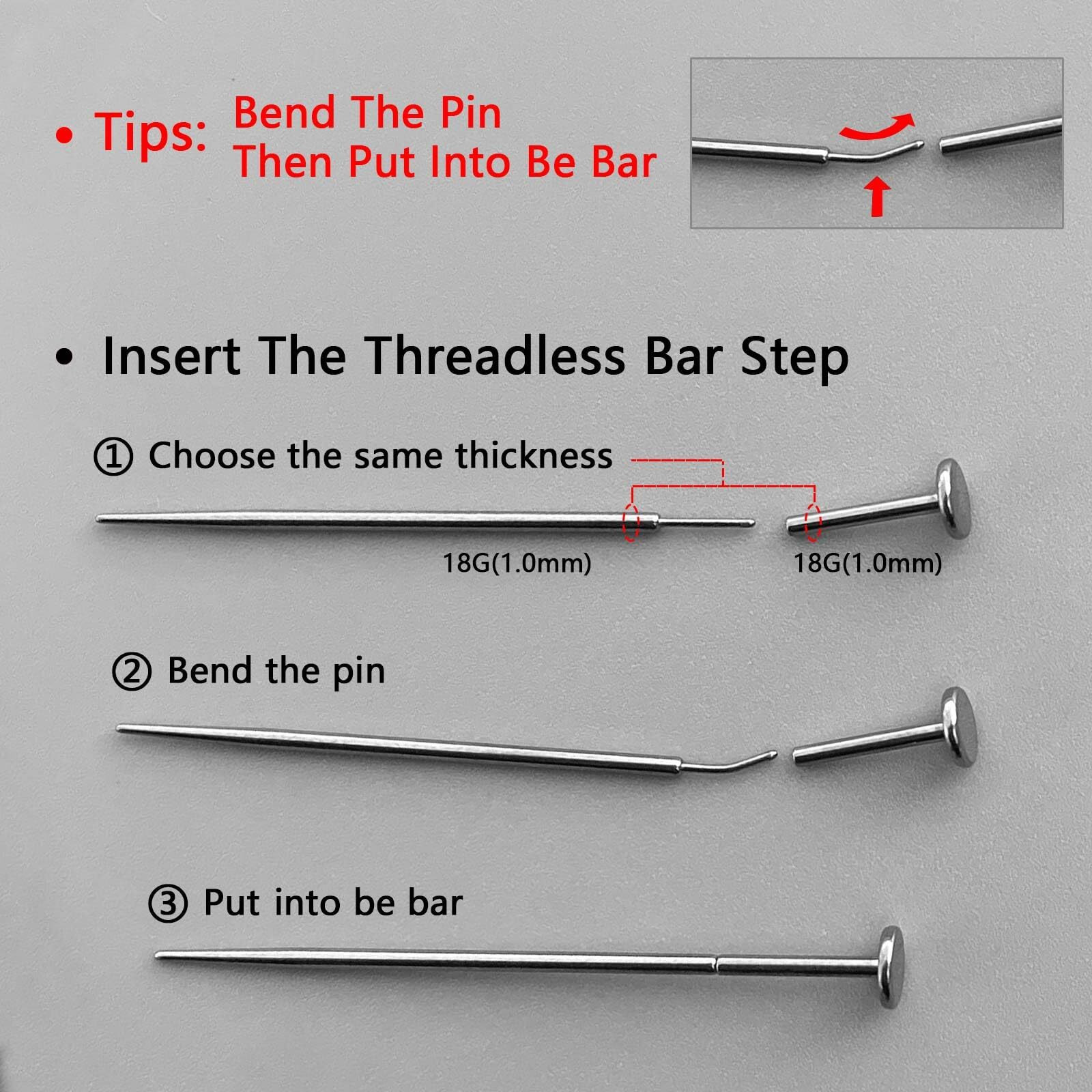 Wolayi G23 Titanium Threadless Piercing Taper 16G/18G/20G Flat Back Earring Applicator Tool Insertion Pin For Push In Nose Lip Ear Tragus Helix Body Piercing Jewelry Stretcher Assistant Tool (6Pcs, 18G Curved&Straight)