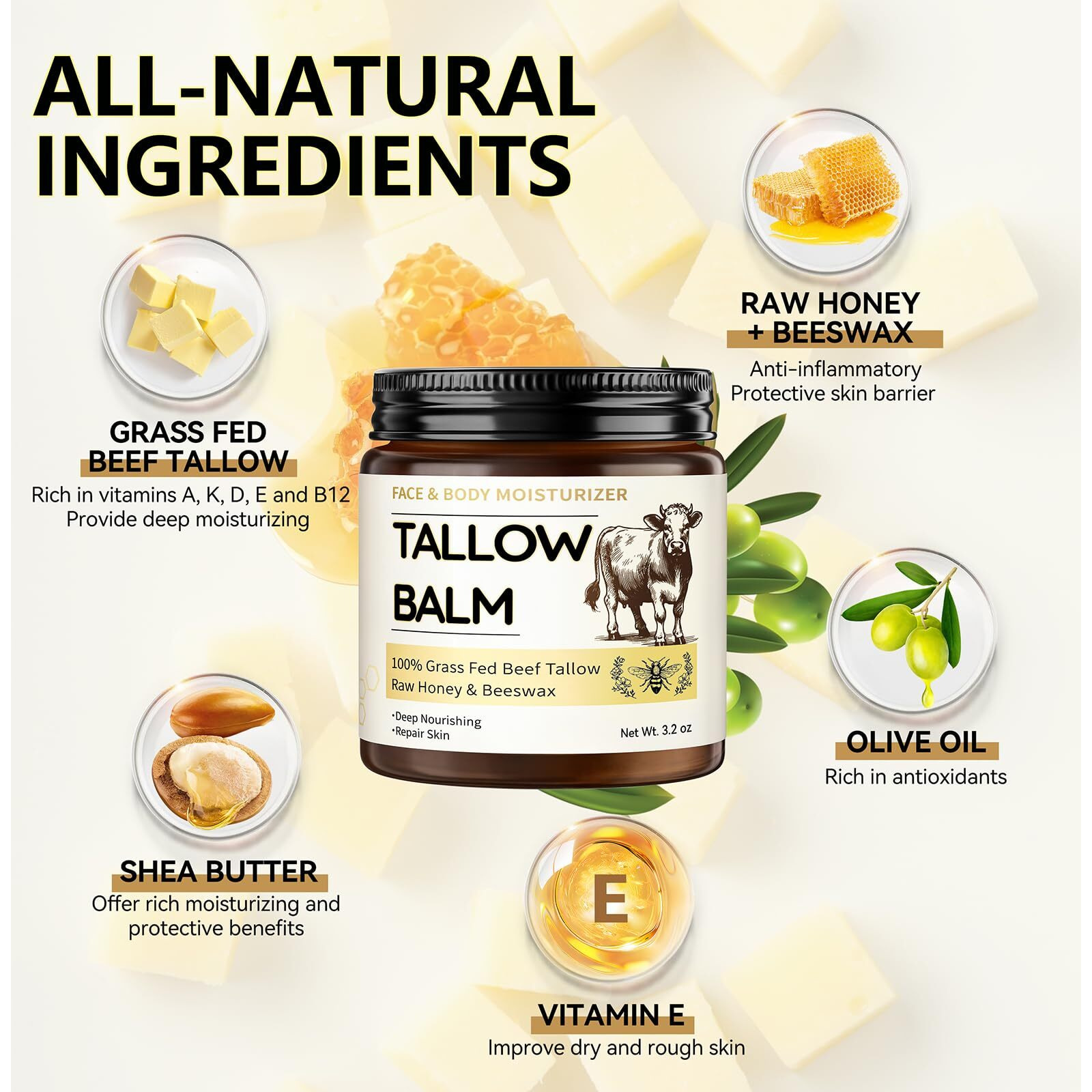 Beef Tallow For Skin, Organic Tallow And Honey Balm For Face, Natural Face Moisturizer, Grass Fed Beef Tallow Skin Care Cream Body Butter, Deep Hydrate And Nourish Dry Skin